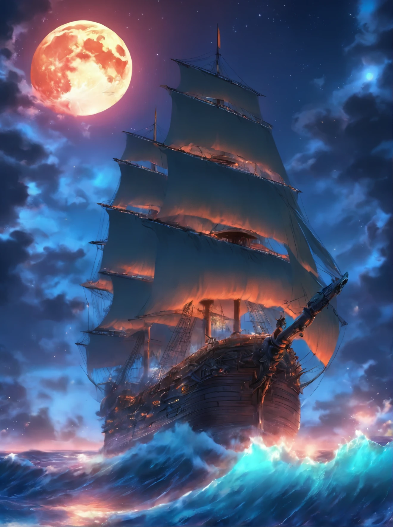 a large ship sailing in the ocean at night with a full moon, a 3D render by Johfra Bosschart, trending on cgsociety, fantasy art, gothic ship on ocean, pirate ship, pirate neon ship, the flying dutchman, old pirate ship, skeletons on a pirate ship, sailing ship, great pinterest photo, an impossibly huge pirate ship