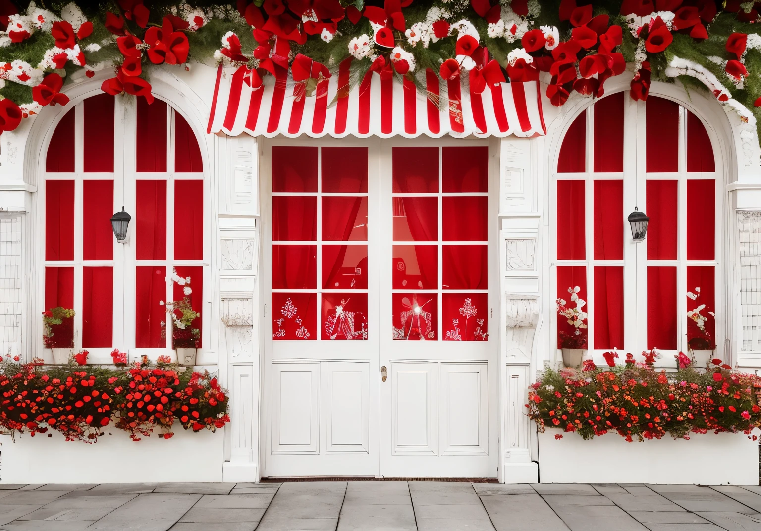 There are two windows,There are red flowers in the flowerpot, red and white color theme, red and white color scheme, white and red color scheme, Dark red and white color scheme, red and white colors, red white background, flower shop scene, foreground background, photo studio background, holiday, red and white, Red-white-black color scheme, Open window ib background