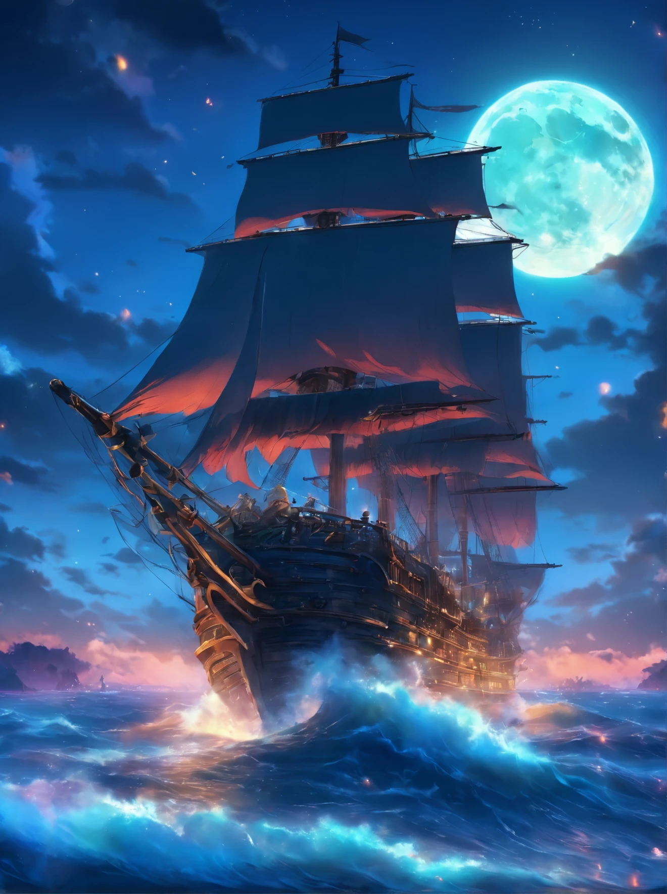 a large ship sailing in the ocean at night with a full moon, a 3D render by Johfra Bosschart, trending on cgsociety, fantasy art, gothic ship on ocean, pirate ship, pirate neon ship, the flying dutchman, old pirate ship, skeletons on a pirate ship, sailing ship, great pinterest photo, an impossibly huge pirate ship
