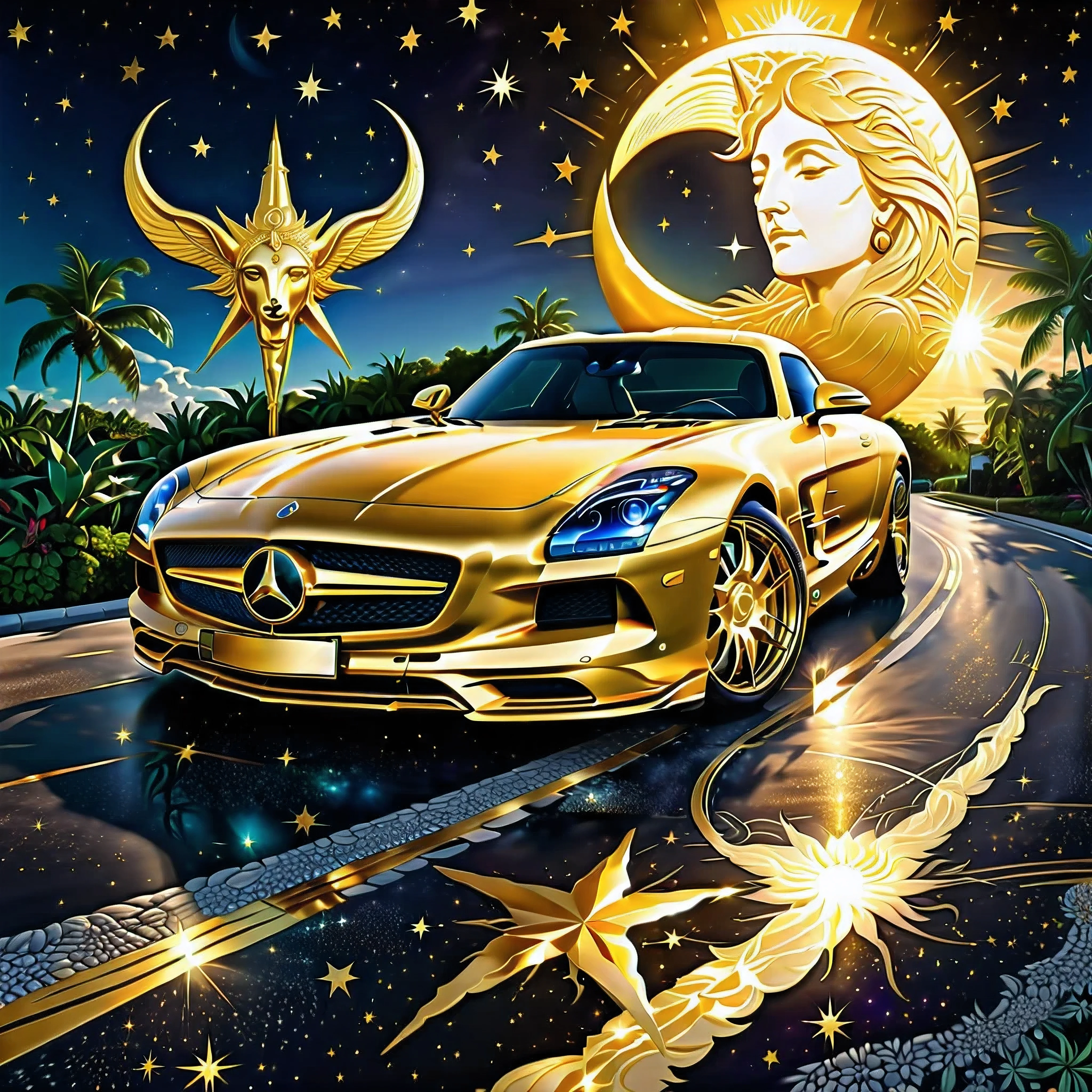 reussir, mourir, lingots d'or, miami, mercedes, gold sls, baphomet, sur le chemin, crescent moon on the left, sun on the right,