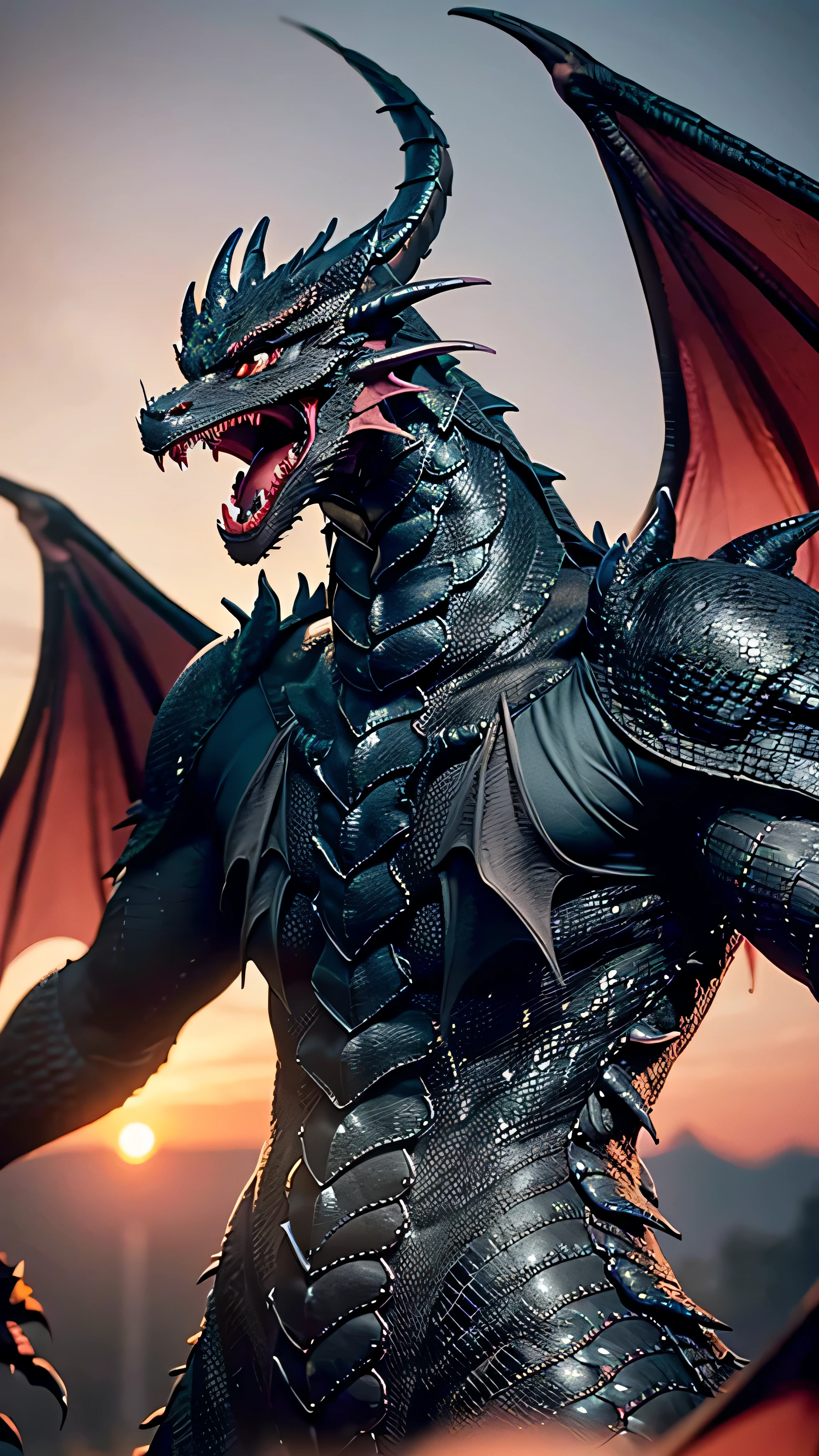 (masterpiece), (extremely intricate:1.3), (realistic), portrait of a male (((anthropomorphic ((BLACK DRAGON))))), tattoo:1.0, burlap vest, dynamic pose, sharp focus, dramatic, award winning, cinematic lighting, volumetrics dtx, (film grain, blurry background, blurry foreground, bokeh, depth of field, sunset, interaction, green leather cloak)