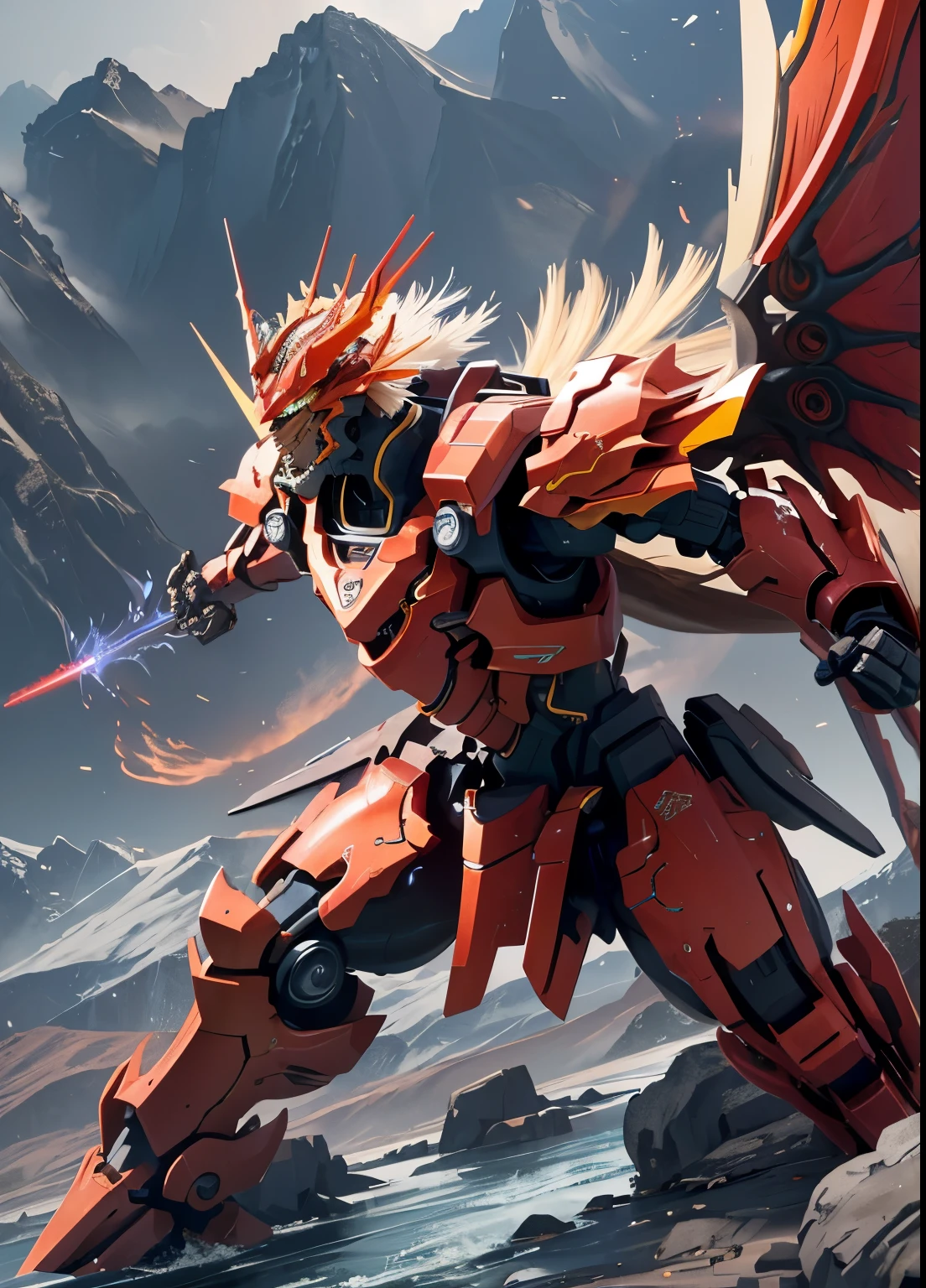 Mountains and flowing water,red and yellow,hand weapon,glow,dragon,glow的红色眼睛,Mecha,Chinese elements,Surreal
