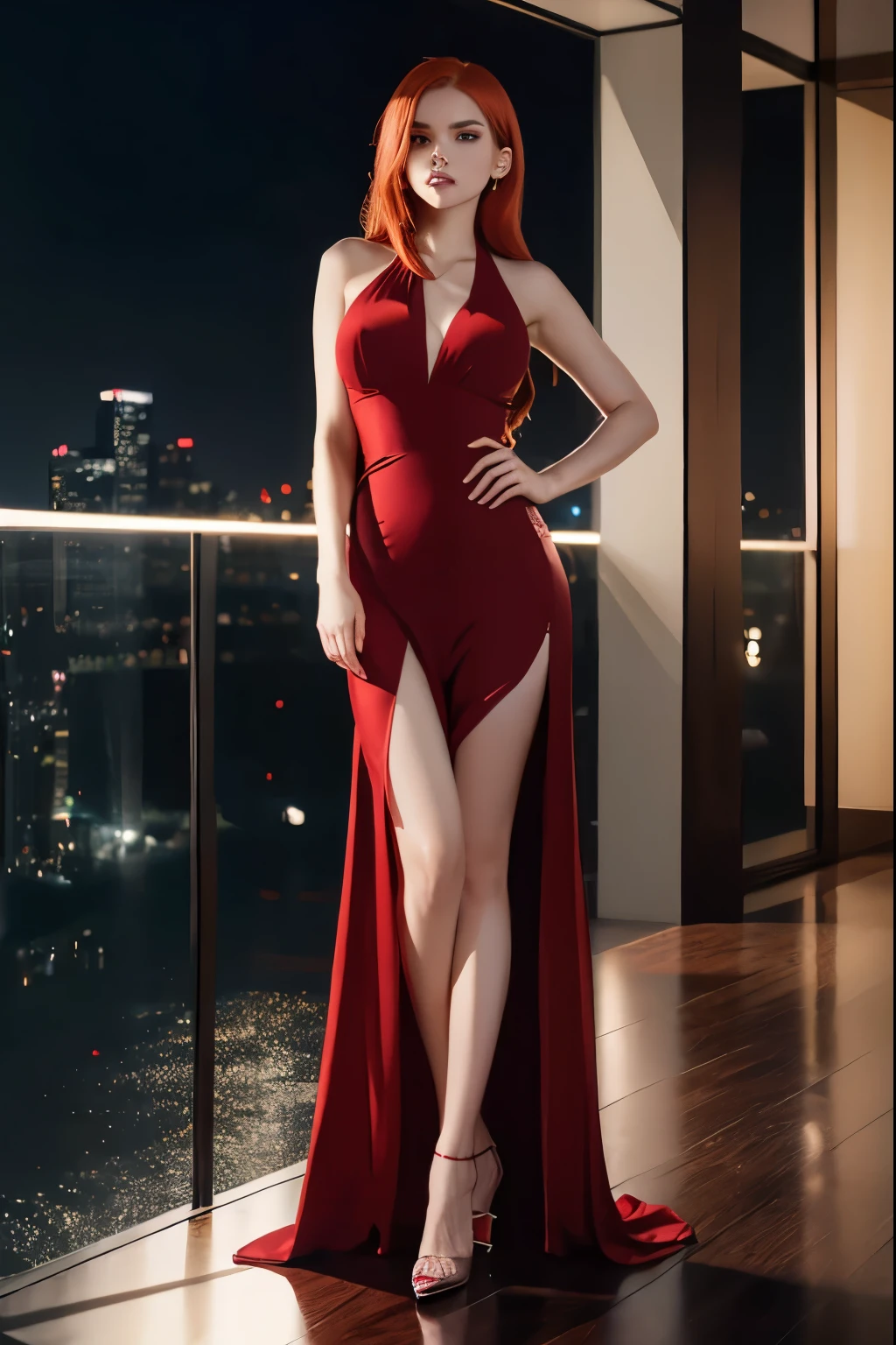 /((Ultra Long Exposure Photography)) high quality, highly detailed, young red head woman with light eyes, at a party, heals, evening dress, seductive attire, Onlyfan pose, long legs, red high heels, woman figure siloette