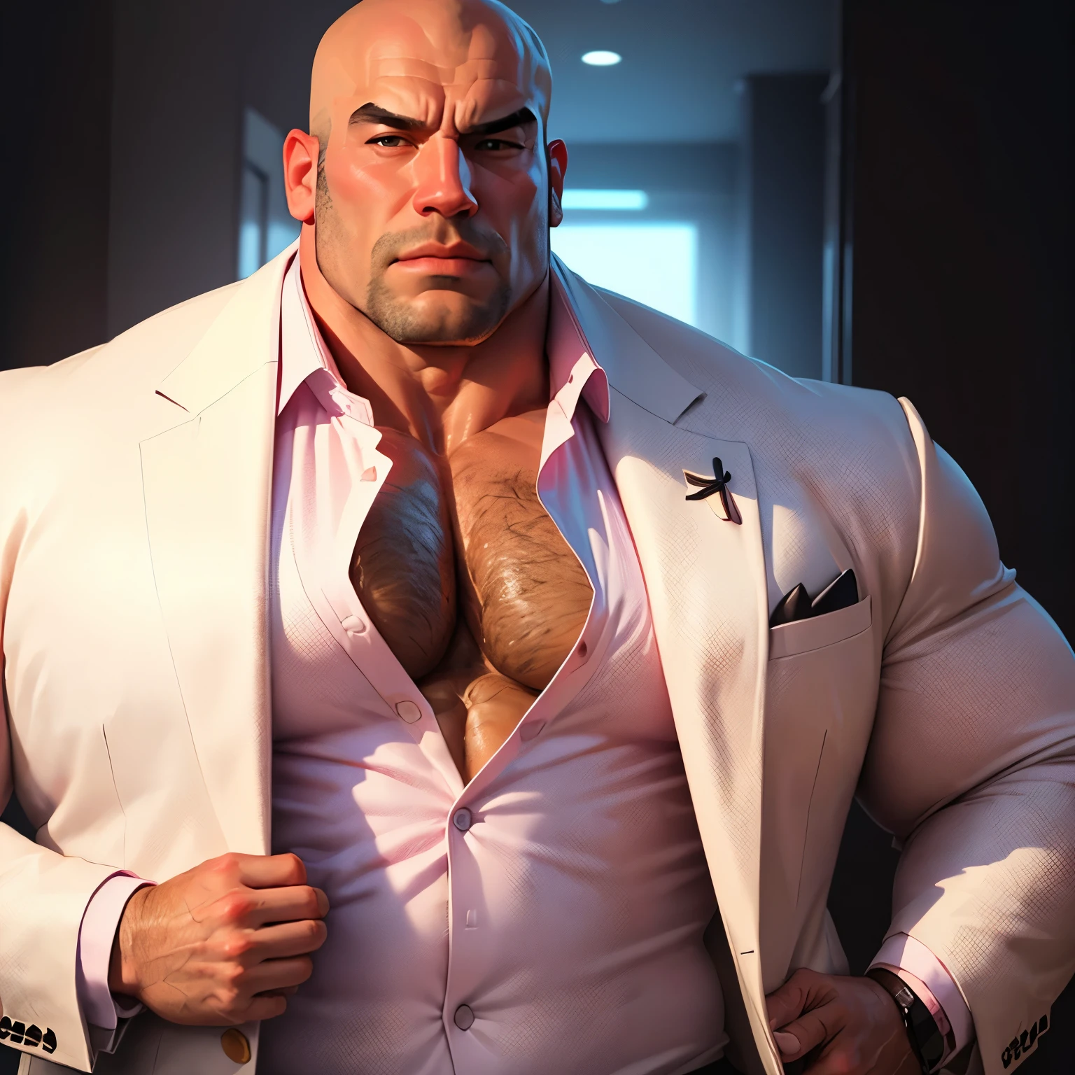 an exaggeratedly muscular and large bald bodyguard, dressed in a white formal suit, (unbuttoned: 1.2), (exposed pecs: 1.2), (bara pecs: 1.4), (hairy pecs: 1.2), portrait HD, pink background light