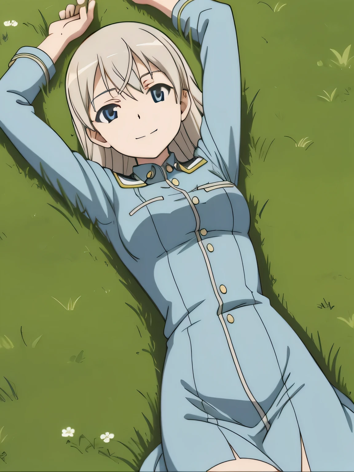 masterpiece, best quality,
eila ilmatar juutilainen, 1girl, uniform,
smile, closed mouth, spread arms, arms up, expressionless, on back, on grass, looking at viewer, center, cowboy shot,
