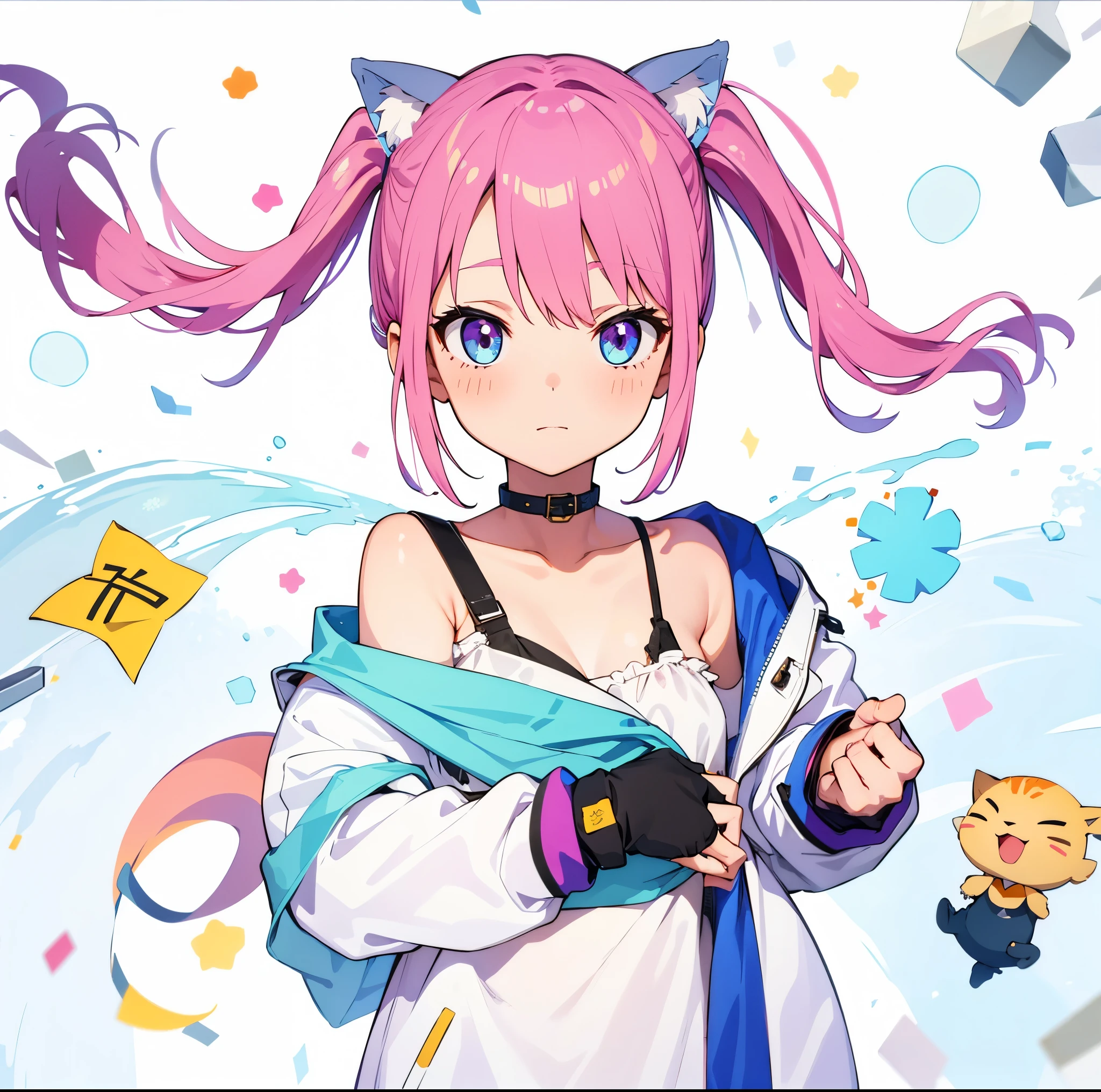 Anime girl with pink hair and blue eyes holding a cat - SeaArt AI
