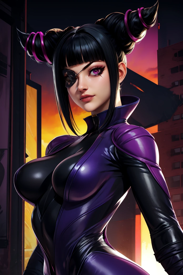 Juri , black hair,two-tone hair, hair horns, purple eyes, eyepatch,  
bodysuit, clothing cutout, 
standing, upper body, evil smile, 
night club,
(insanely detailed, beautiful detailed face,beautiful detailed eyes, masterpiece, best quality) , solo, dinamic poses, shinning eyes, walking, laying, sitiing, dinamic poses