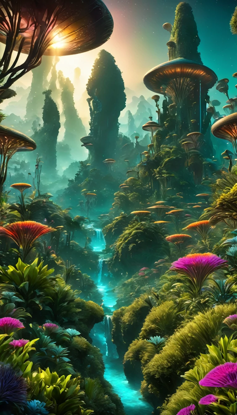 Alien Landscape:1.5, (Best quality, Master of Peace: 1.3), (hyper-detailed, hyper-realistic color: 1.5), A cosmic garden of exotic flora and surreal mountains... At night the landscape is illuminated by bioluminescence.., perfect composition, Best exposure, (golden ratio: 1.2), HDR, dramatic, cinematic lighting, trending on ArtStation, trending in CG society, professional oil painting, immense detail, painted like a professional painter, ((perfect: 1.3, meticulously detailed: 1.5, flawless, high definition: 1.4, cinematic: 1.4), ((Work master)), (Hyper detailed: 1.4 ), (Photorealistic: 1.4), Epic, sunset: 1.4, 32k.