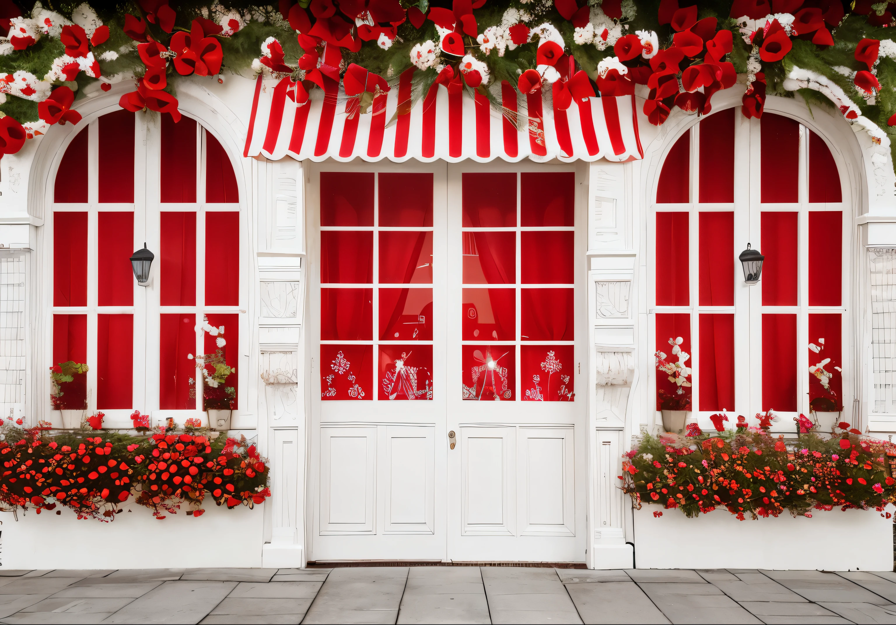 There are two windows,There are red flowers in the flowerpot, red and white color theme, red and white color scheme, white and red color scheme, Dark red and white color scheme, red and white colors, red white background, flower shop scene, foreground background, photo studio background, holiday, red and white, Red-white-black color scheme, Open window ib background