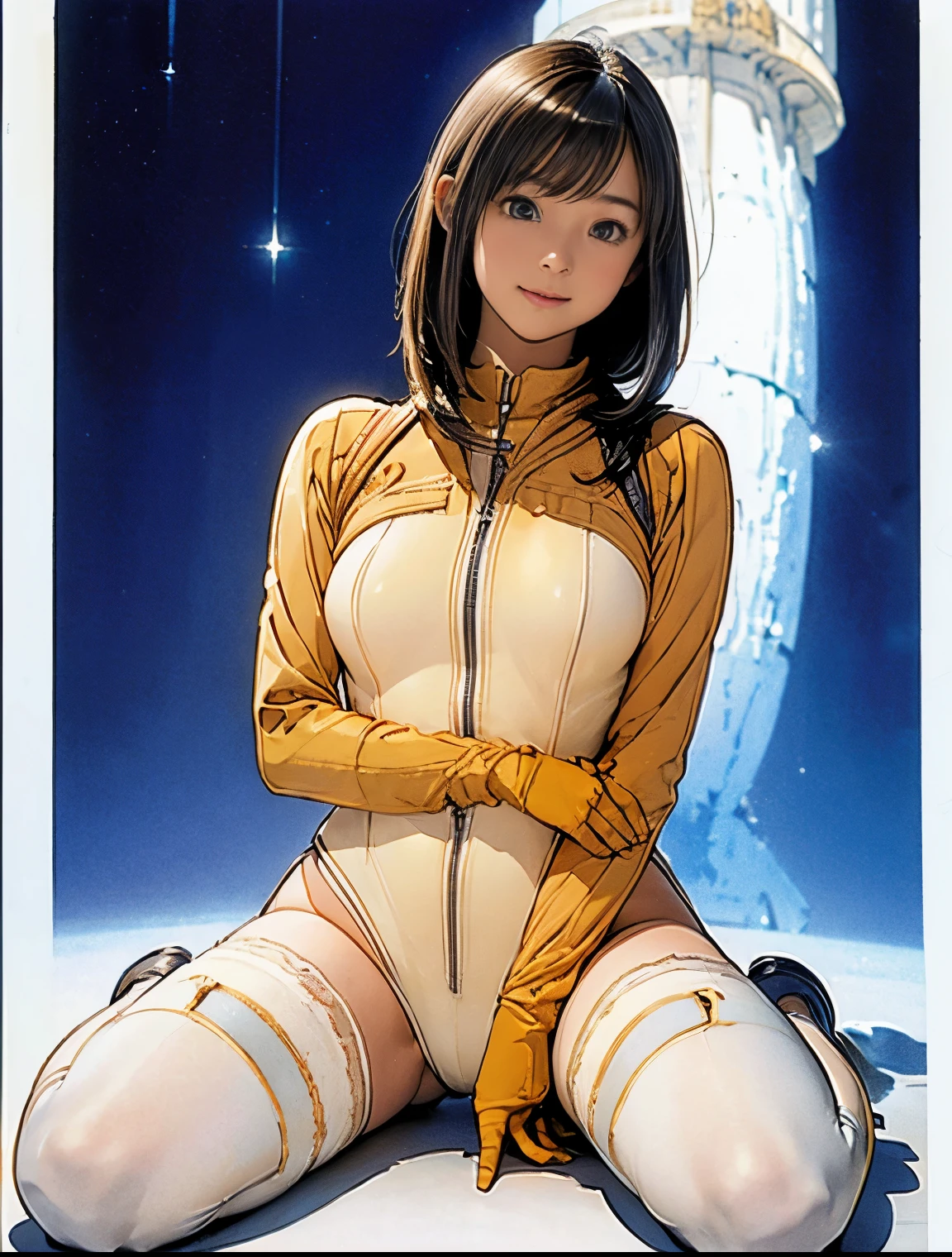 (masterpiece、best quality、Highest resolution、Clear_image、detailed details): (full body picture、 girl、Japanese face、small face、thin、Navy blue super short bob、blue eyes、Blue and Black Shiny Aviator Suit、Armor that protects the chest、tight clothes、Clothes that cover the whole body、leggings、Very delicate and beautiful、hide thighs、hide your ass、Cute type、gentle smile、soft expression、earphone、knee high boots、Gloves come to elbow length、Shooting at eye level、face directly、woman on spaceship), (((camel toe))), ((Plain white tights))