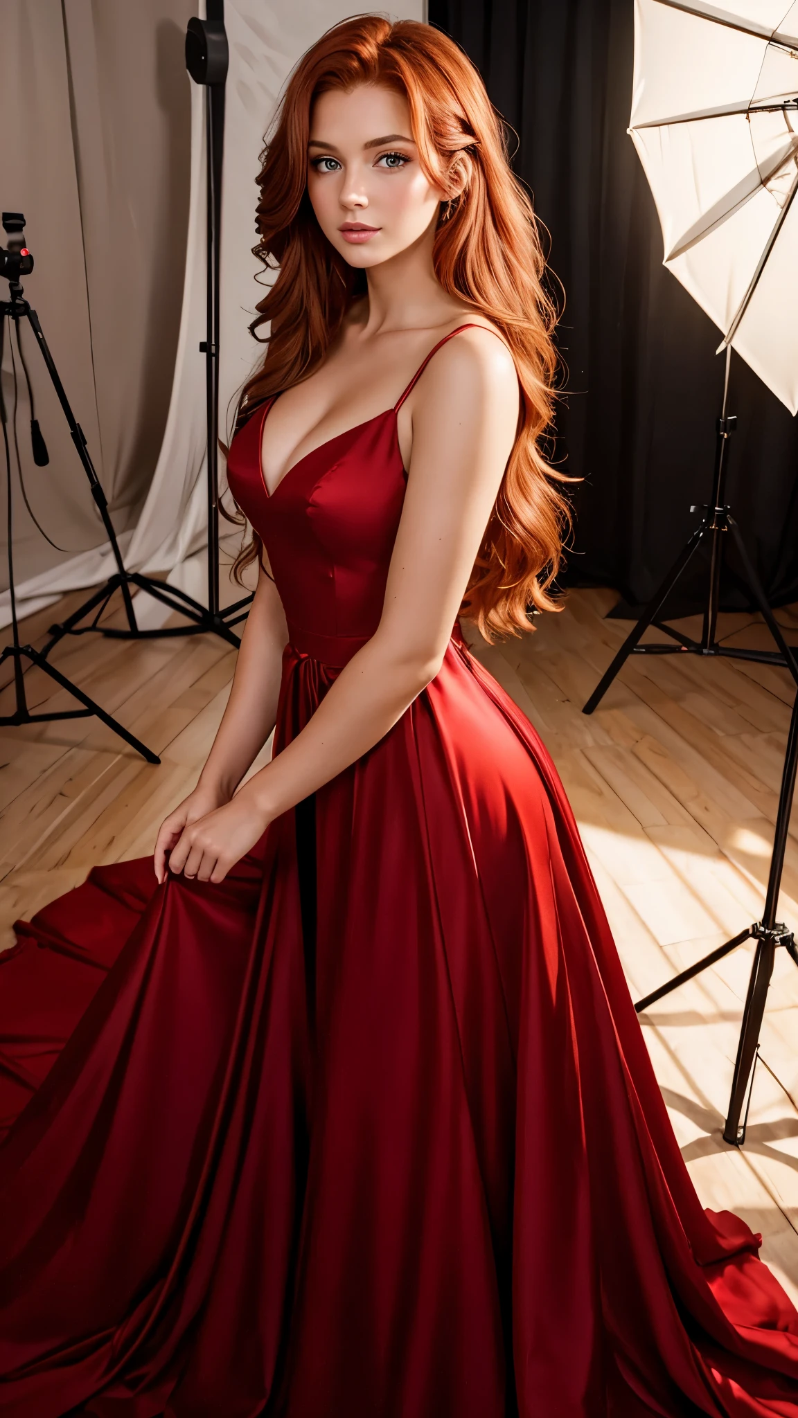 Beautiful redhead girl with brown eyes and long hair in elegant red dress photo shoot in a photo studio with professional light approaching the face masterpiece of the highest quality photo shoot 