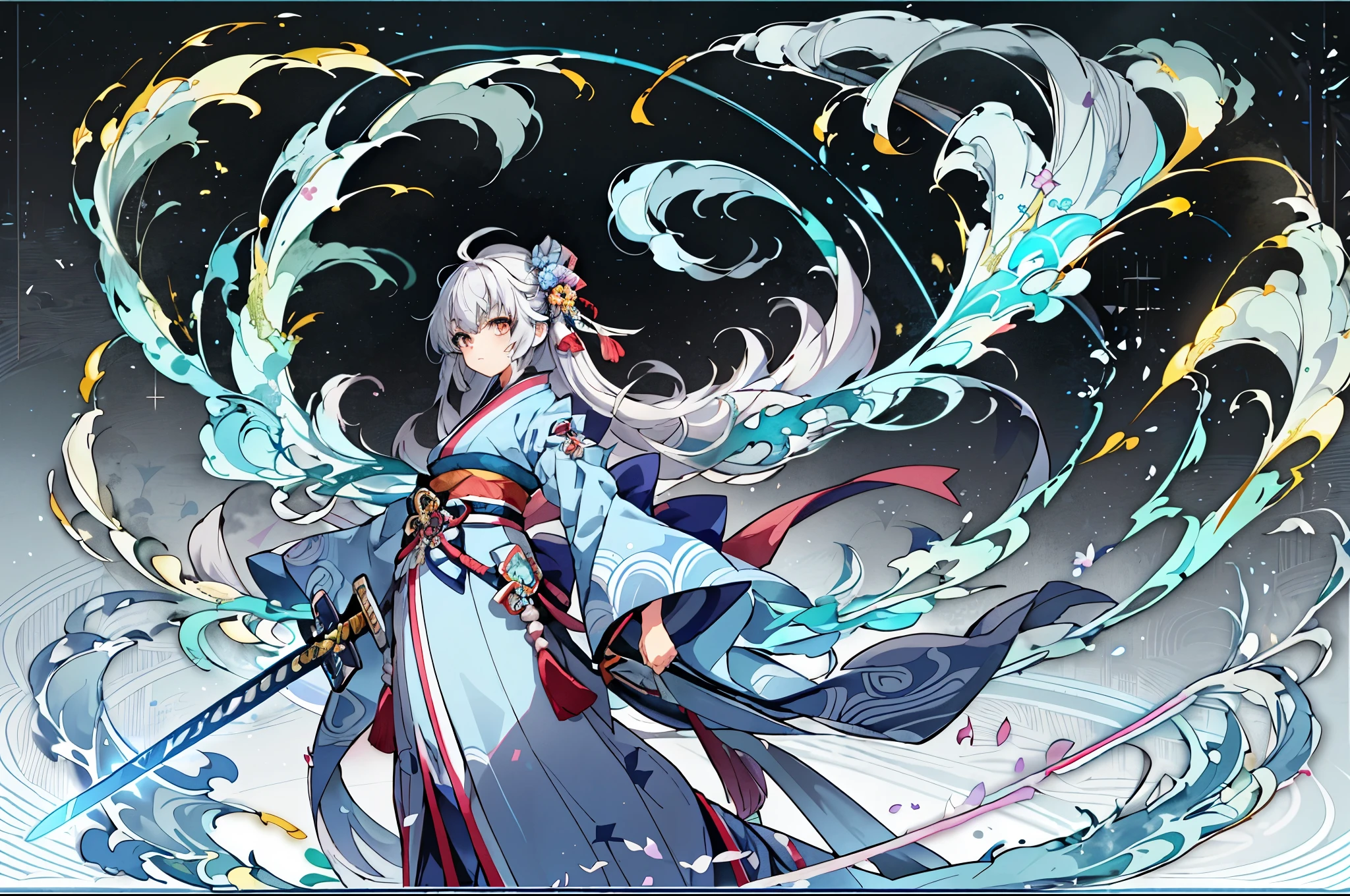 ,arms, 1 girl, Bigger in the center、light blue long hair、twin tailale focus, sword, alone, kimono, ホールディング arms, Japanese sword, ホールディング sword, long sleeve, , Haori,  kimono, full body,Bigger in the center、Face Highlights
