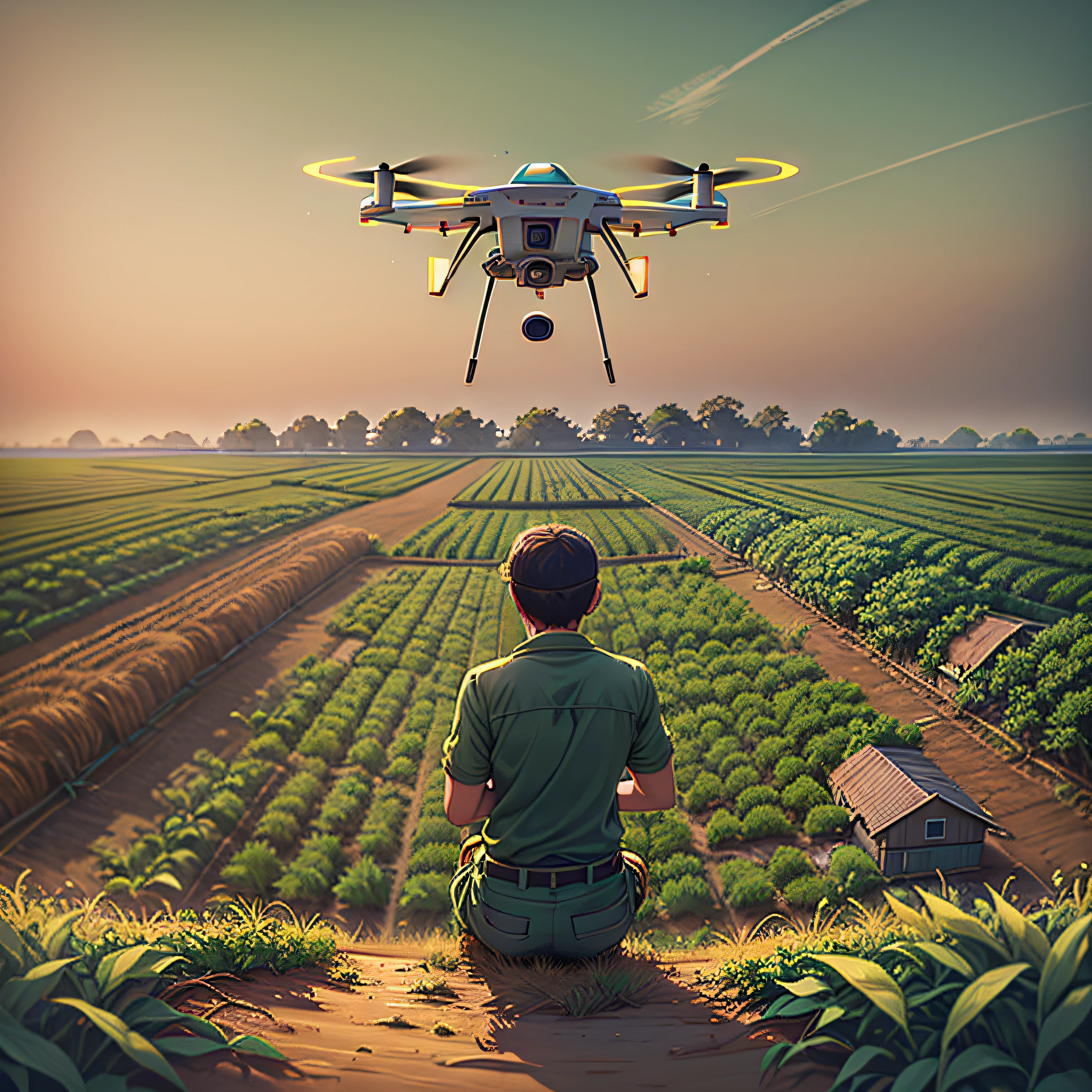 Imagine the scene of a modern farm in full swing, iluminado pelo sol poente. No centro da imagem, um robusto, agricultor experiente, vestido com roupas de trabalho, olha para cima, watching a high-tech drone hovering in the sky. O drone, shining in the sunlight, is equipped with cameras and sensors, representing the fusion of agriculture and technology. The surrounding farm is green and fertile, with rows of plantations stretching to the horizon. Use a high-resolution DSLR camera, como a Canon EOS 5D Mark IV, with a 50mm lens to capture this scene in vivid detail. Lighting should be natural, with the setting sun providing a golden glow to the scene. As cores devem ser ricas e saturadas, with vibrant plantation greens and clear blue skies. The composition must be balanced, com o fazendeiro e o drone no centro, e a vasta fazenda que se estende ao seu redor. --Air 16:9 --V 5.1 --style bruto --q 2 --s 750