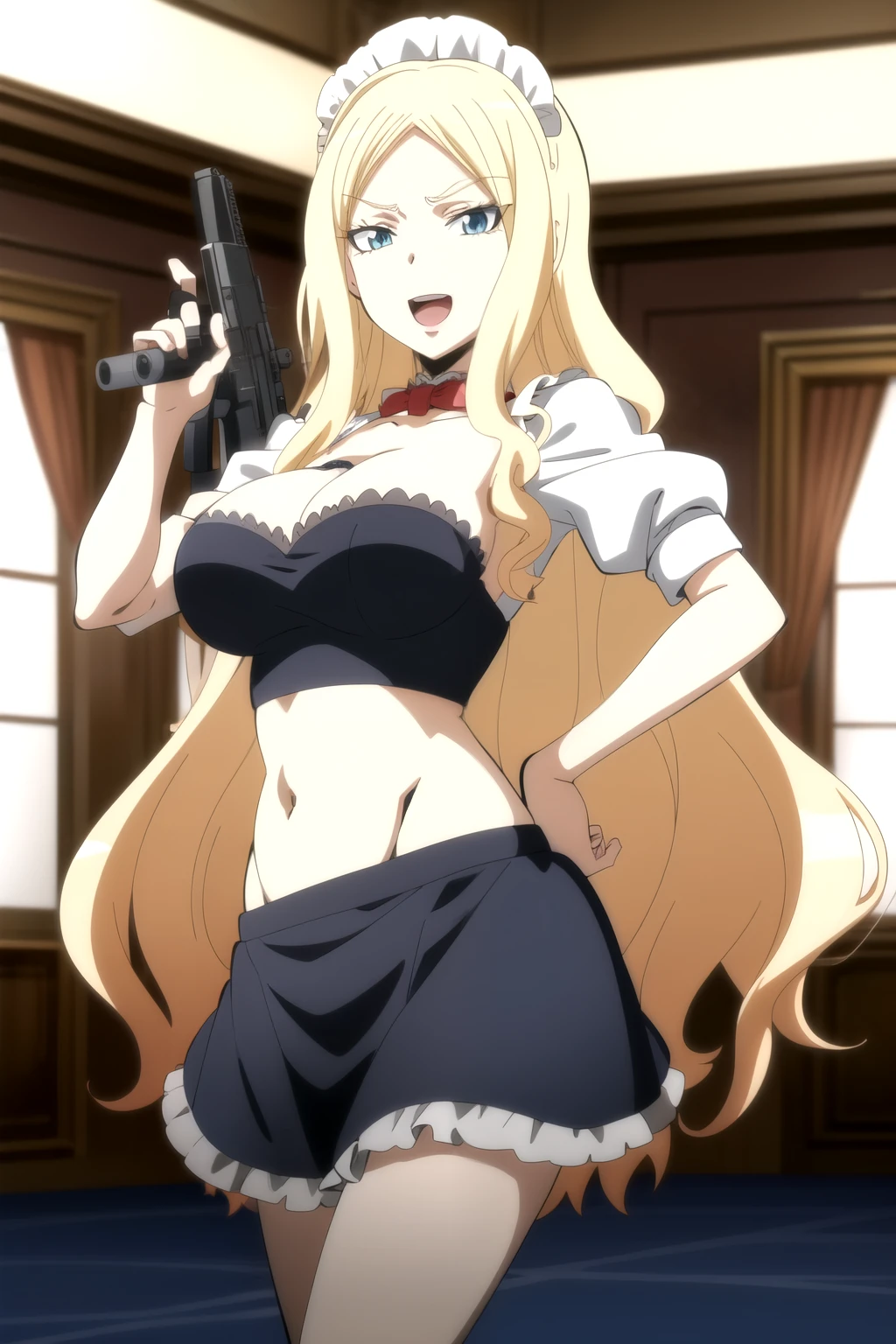  1girl, IrinaJelaviÄR4, blonde hair, blue eyes, long hair,  jewelry, earrings, complex detailed background, casino environment, fancy interior environment, rich
interior, masterpiece, best quality, highly detailed, a anime girls in maid uniforms with a gun posing for a
picture, maid outfit, cleavage, evil smile, smile, open mouth ,ecchi anime style, anime girls, ecchi style,
ecchi, digital anime art!!, in anime style, official artwork, (nsfw) not safe for work, beautiful anime maid
girl, anime style 4 k, micro skirt, exposed belly, exposed navel, exposed midriff, exposed lower belly,
holding a gun,