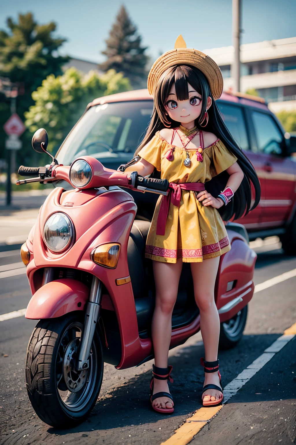 The following scenes will be made into toy camera photos.(morning、 Posing in front of colorful EVs in a parking lot near the beach、 National costume、ethnic hair ornament、Ethnic characteristic shoes、smile、shining light)