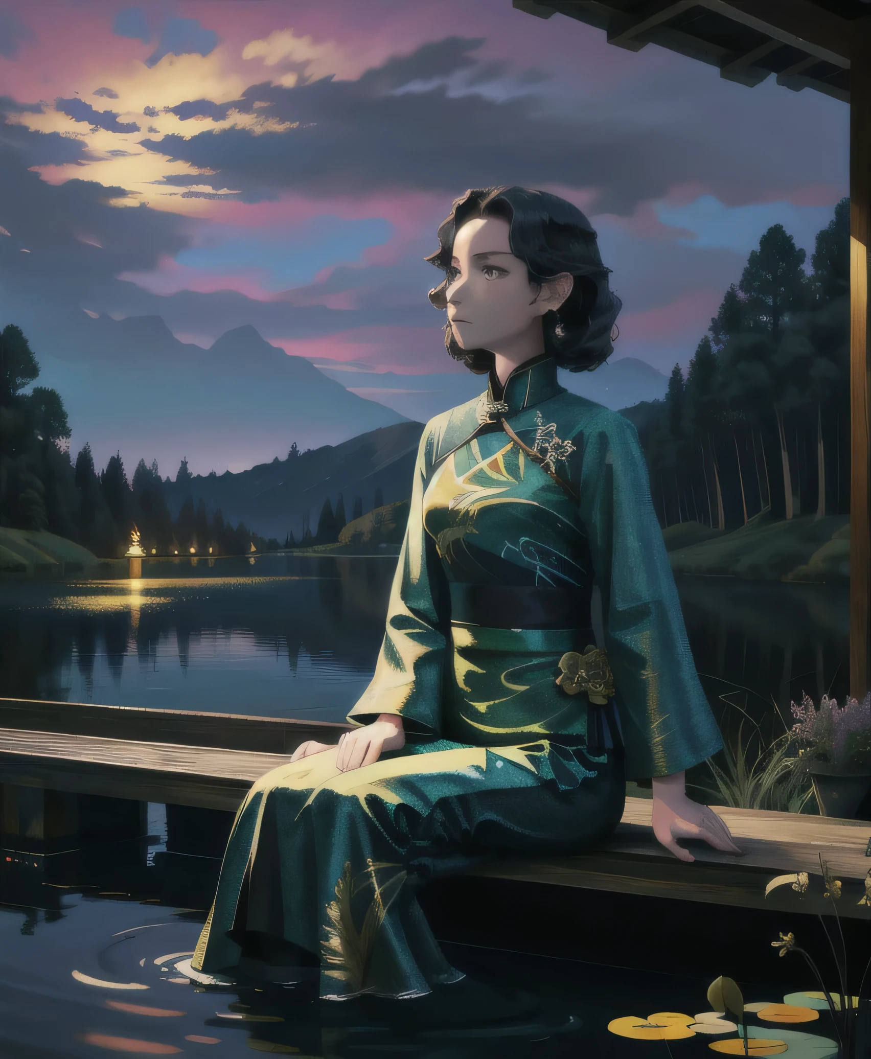 masterpiece,best quality,cinematic,dramatic,dynamic,1girl,landscape,lake,sitting,night,illumination,pond,face