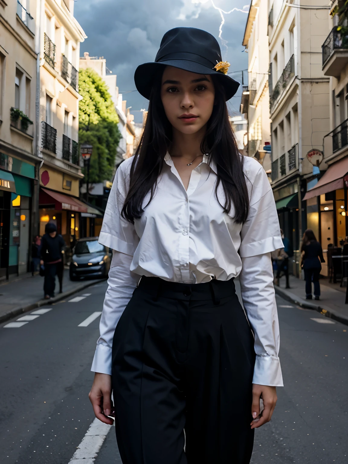 (realista:0.2), anime illustration, 1 garota,, casaco vermelho, big red hat, in Paris France, SFW, black pants, black office shirt,, Carmem sanidade,, blue sky,, cabelo longo,, dramatic lightning, luzes, epic luzes, luz no rosto, retroiluminado, luz facial, rosto iluminado, filling lamp, luz de preenchimento, ((obra de arte)), (Carmem_sanidade_v1-1_Shurik-2000:0.6)