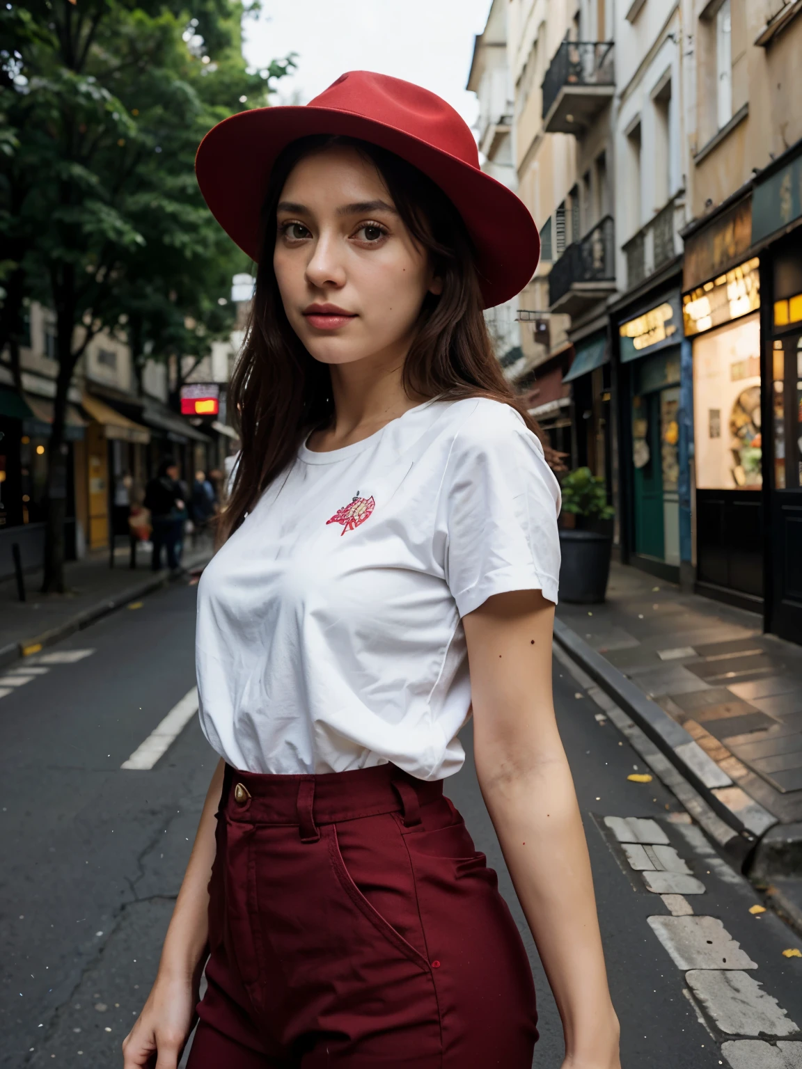 (realista:0.2), anime illustration, 1 garota,, casaco vermelho, big red hat, in Paris France, SFW, black pants, black office shirt,, Carmem sanidade,, blue sky,, cabelo longo,, dramatic lightning, luzes, epic luzes, luz no rosto, retroiluminado, luz facial, rosto iluminado, filling lamp, luz de preenchimento, ((obra de arte)), (Carmem_sanidade_v1-1_Shurik-2000:0.6)