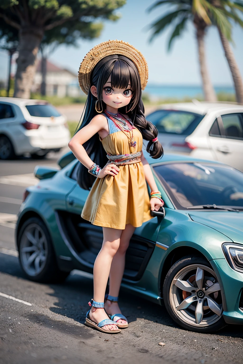 The following scenes will be made into toy camera photos.(morning、 Posing in front of colorful EVs in a parking lot near the beach、 National costume、ethnic hair ornament、Ethnic characteristic shoes、smile、shining light)
