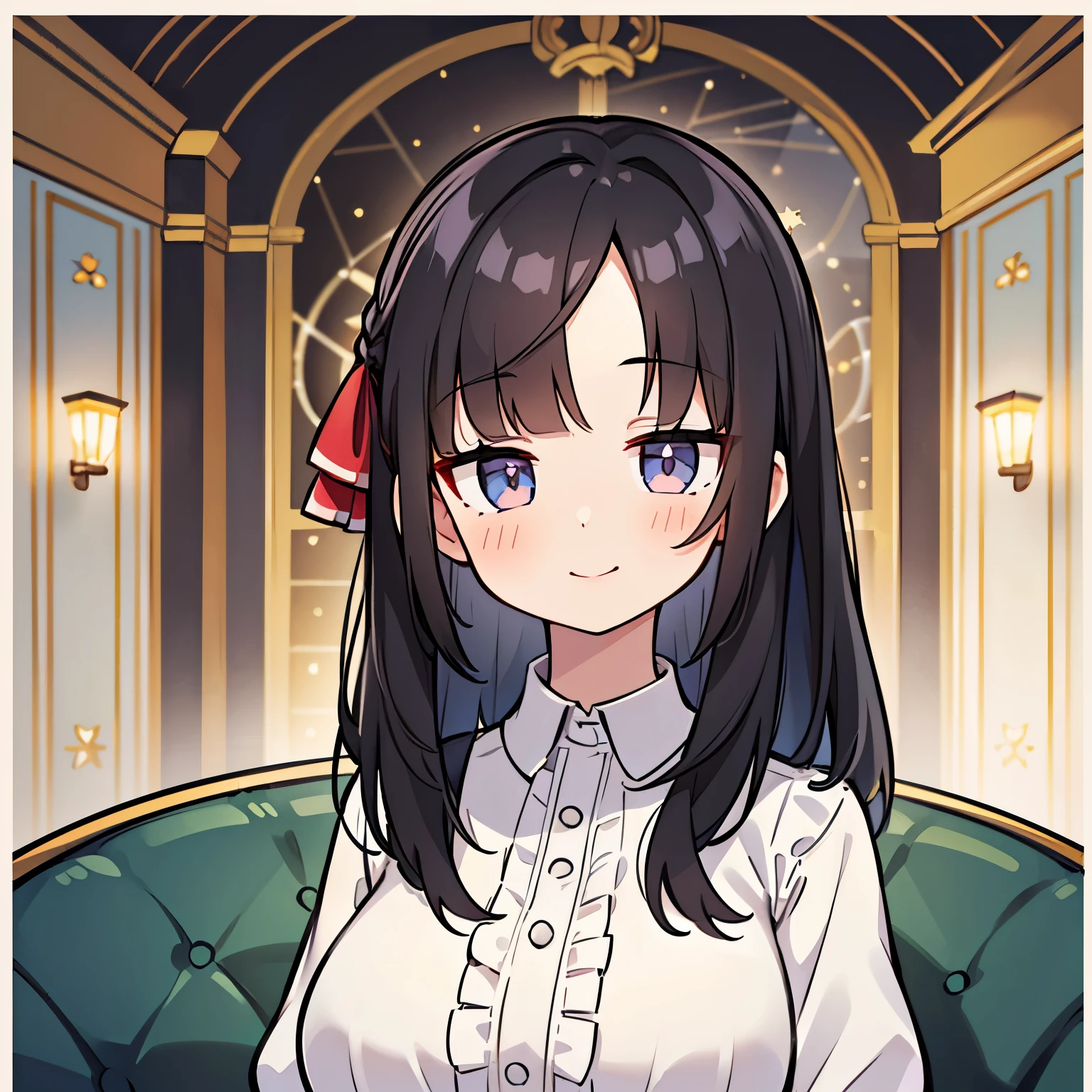 Pueros face_V1:0.24, highest quality, realistic, 8K, High resolution, 1 girl, woman, (skin dents), (portrait:0.6), ((european room background:1.62)), full color, ((big round breasts,lolita,frills,race,‎Ribbon)), look straight at the viewer:1.8, (1 girl eyes looking at viewer:1.55), (medium length hair, black hair, straight bangs:1.45), (Bokeh),looking at the viewer,smile
