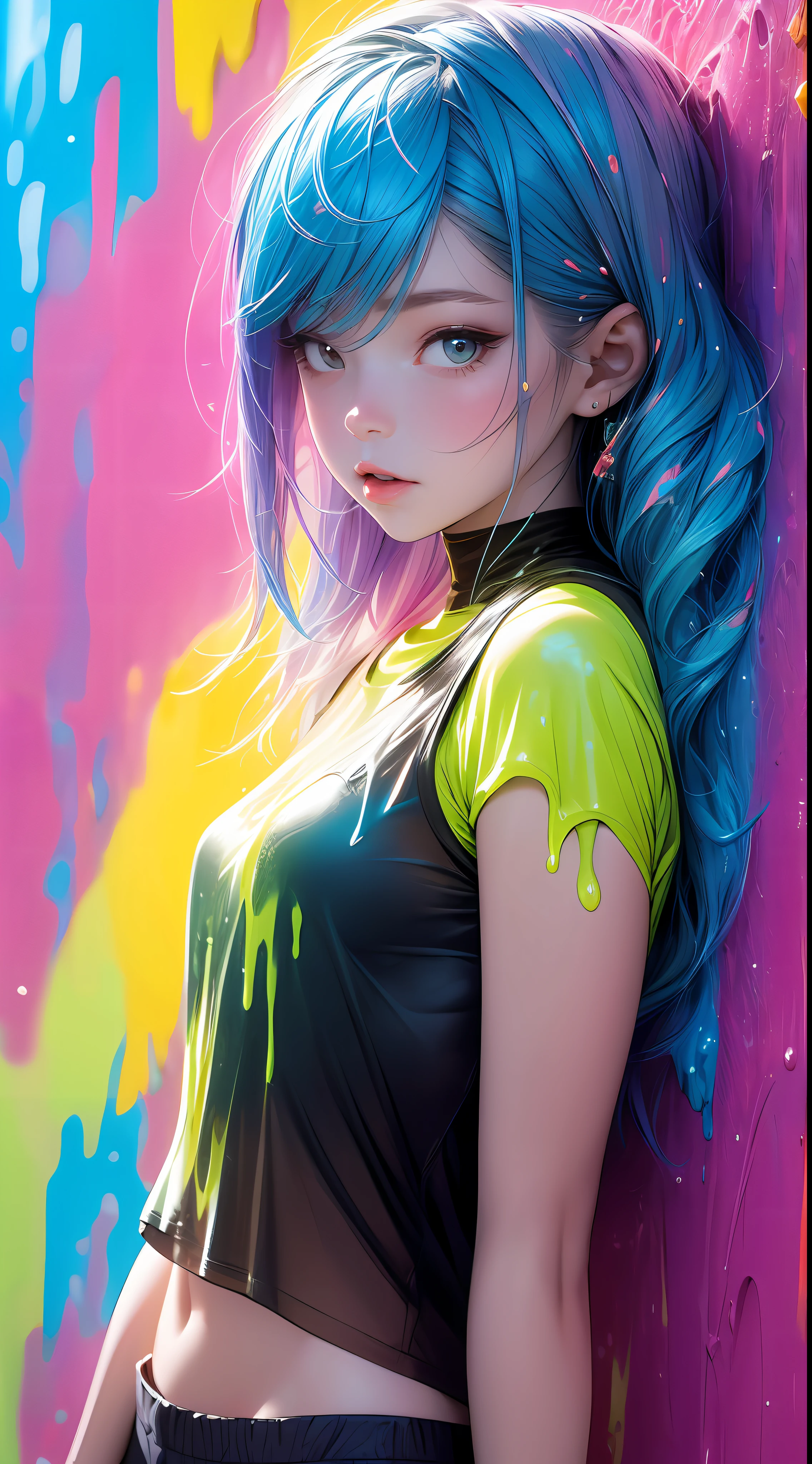 (respingos de tinta),cor colorida do brilho,lamparina,rainbow,ciberpunk,A garota,Olhe para a camera,Garota gosmenta,Flowy tank shorts,contra a parede,grandes olhos redondos,Fofos,