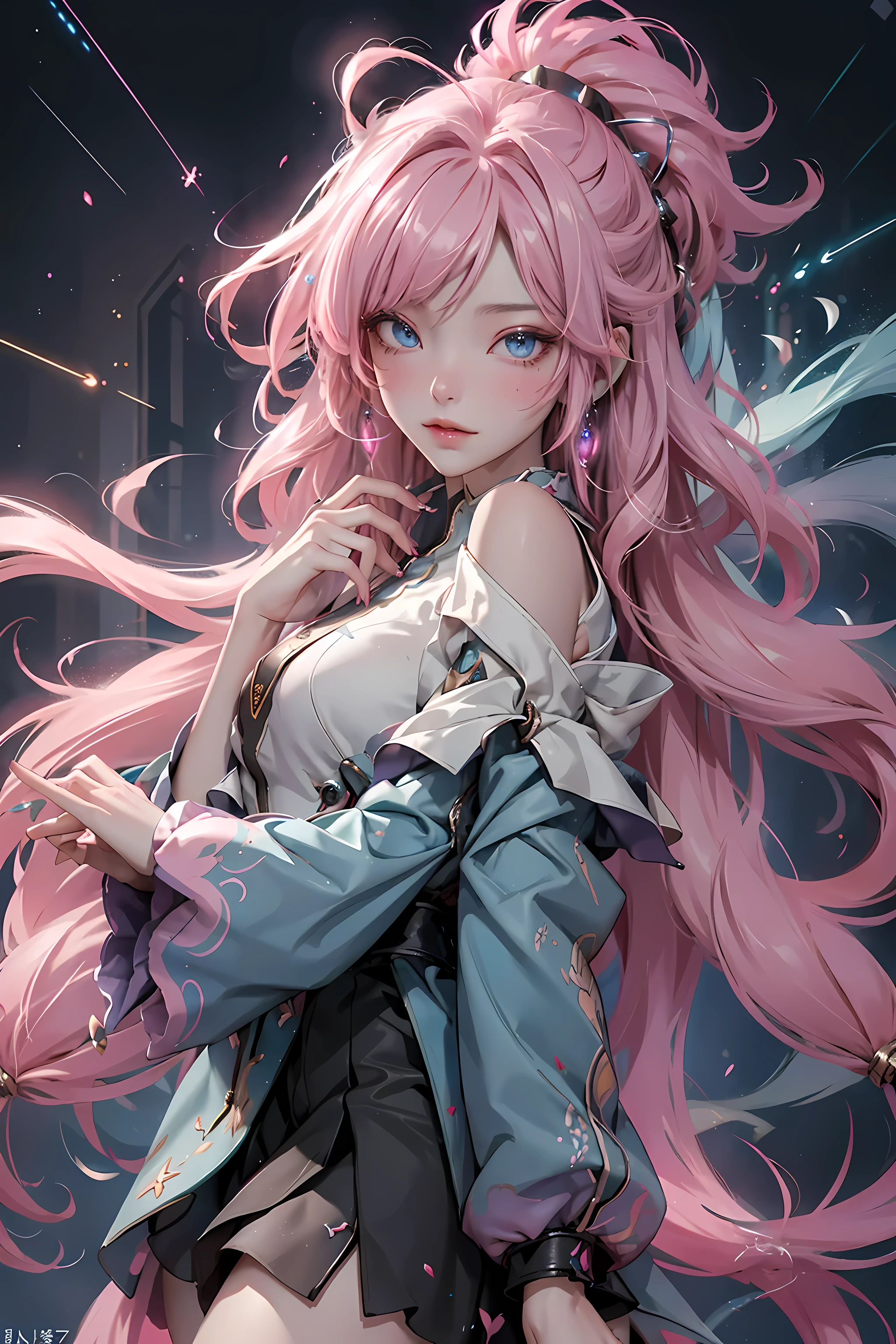 A beautiful happy girl holding a notebook,Cyberpunk costumes，Luminous VR glasses，Mecha headdress，earphone，Precious stones， whole body，Wind blown fluffy hair，((pink hair))，Exquisite facial features，blue eyes，beauty，Surrealism，The light of magic and technology，flowing sparkling liquid，fast moving beam，Time-stretched particle behavior，fantasy background，technological background，fantasy，celestial body，concept art，radiation，Caustics，diffraction，epic composition，Particles fly along the line，Color best quality，High resolution masterpiece，best quality，extreme detail，illustration，ultra high definition，Super detailed，8k