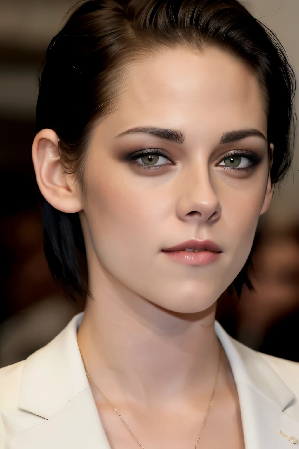 Female model's face close-up, resembles Kristen Stewart, Black oily short hair neatly fitted, Turn your face slightly, reveals clean and neat facial features, White skin with a sense of purity, Realistic rendering, Attention to skin texture visible, Reminiscent of "Twilight" era.

4K high definition image:
A striking close-up of a female model's face, evoking the likeness of Kristen Stewart, Framed by sleek, black oily short hair meticulously styled, Subtly turning her face showcases her refined and well-groomed facial features, Radiating a pure and captivating aura,