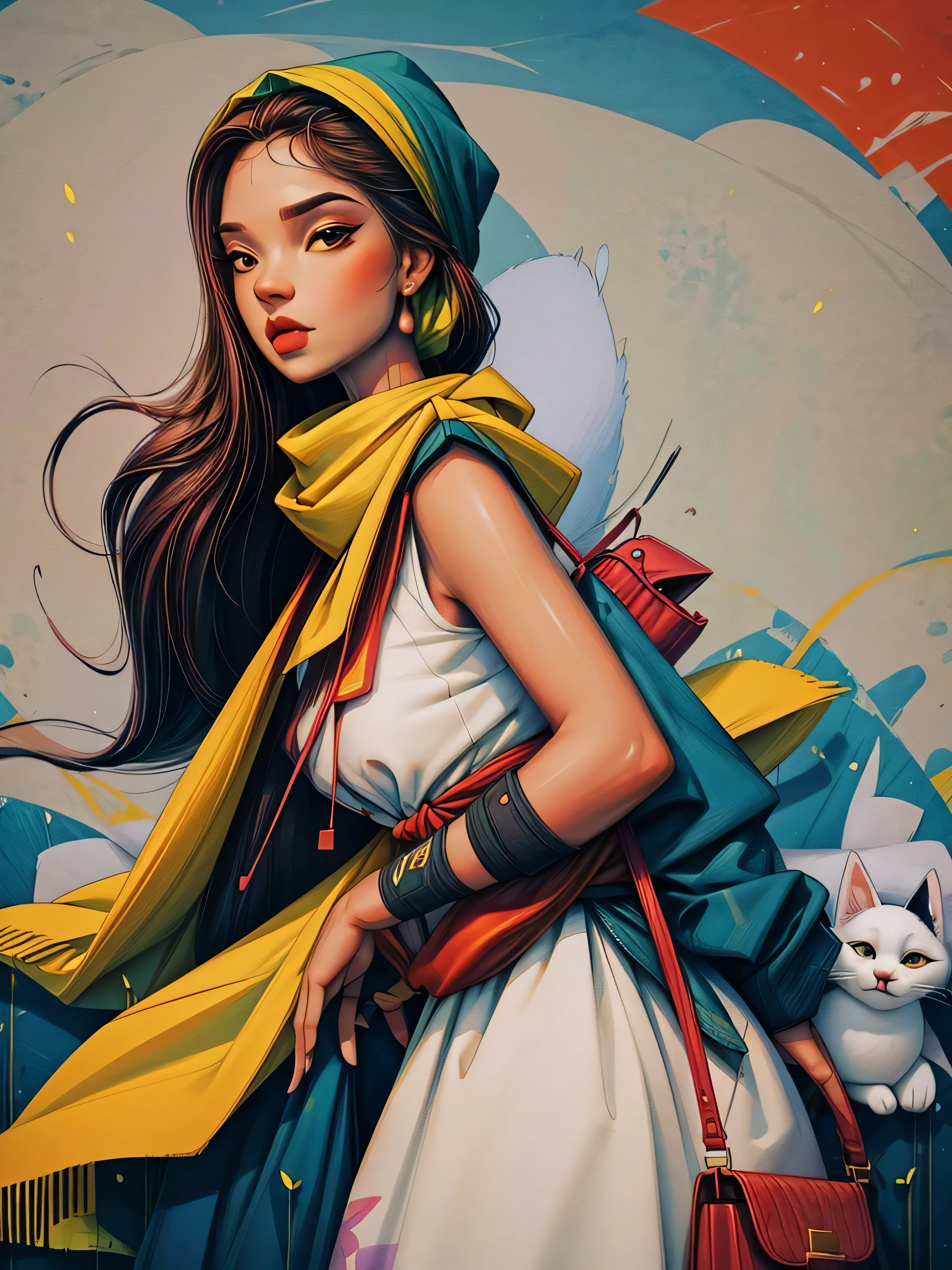 Mural, wall painting, graffiti on a wall. Graffiti mural with Brazilian women with gangster look with bandanas. Happy palette of colours. The cat is in the bag A girl is on the street looking at the mural. Scene illuminated by natural light. Realistic raytraicing
