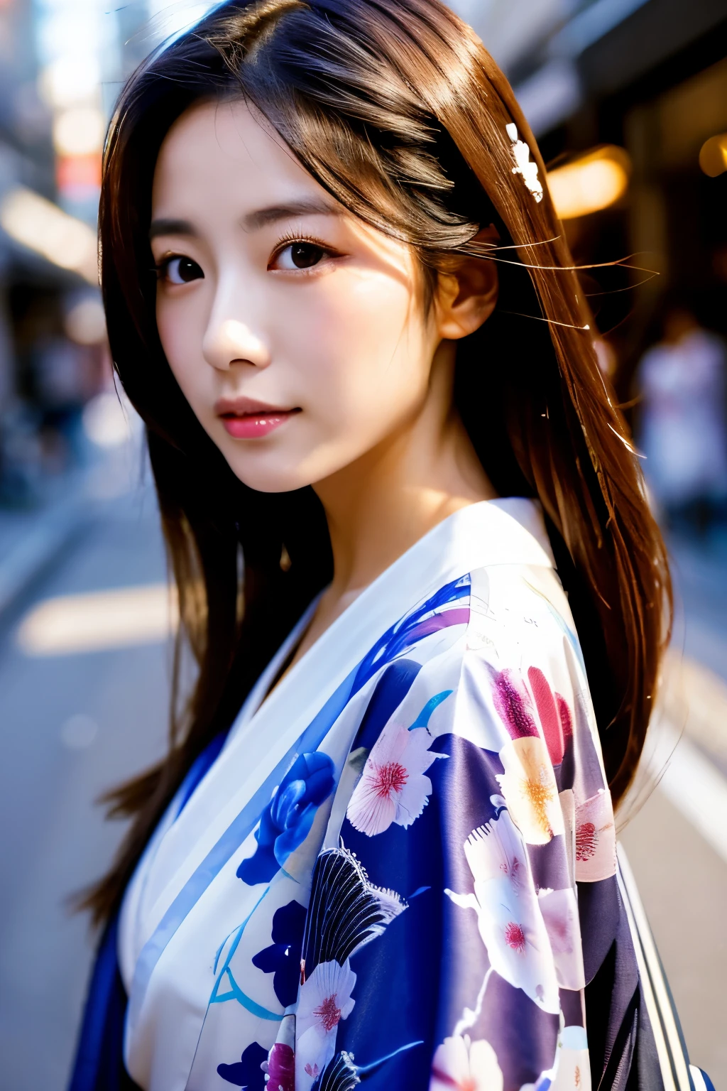 Beautiful Japanese supermodel woman, A lock of hair with slight highlights, black eyes, Sexy,street background,Gorgeous kimono , Liquid color flows across her face, Shooting against the light,Perfect facial lighting,mixed media