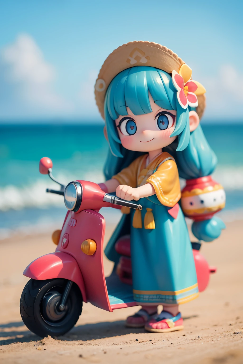 The following scenes will be made into toy camera photos.(morning、 Posing in front of colorful EVs in a parking lot near the beach、 National costume、ethnic hair ornament、Ethnic characteristic shoes、smile、shining light)
