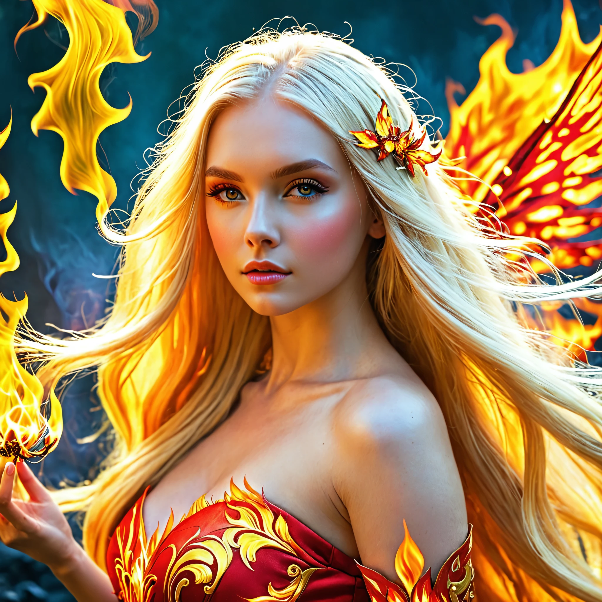 Blonde with long hair, fire fairy 