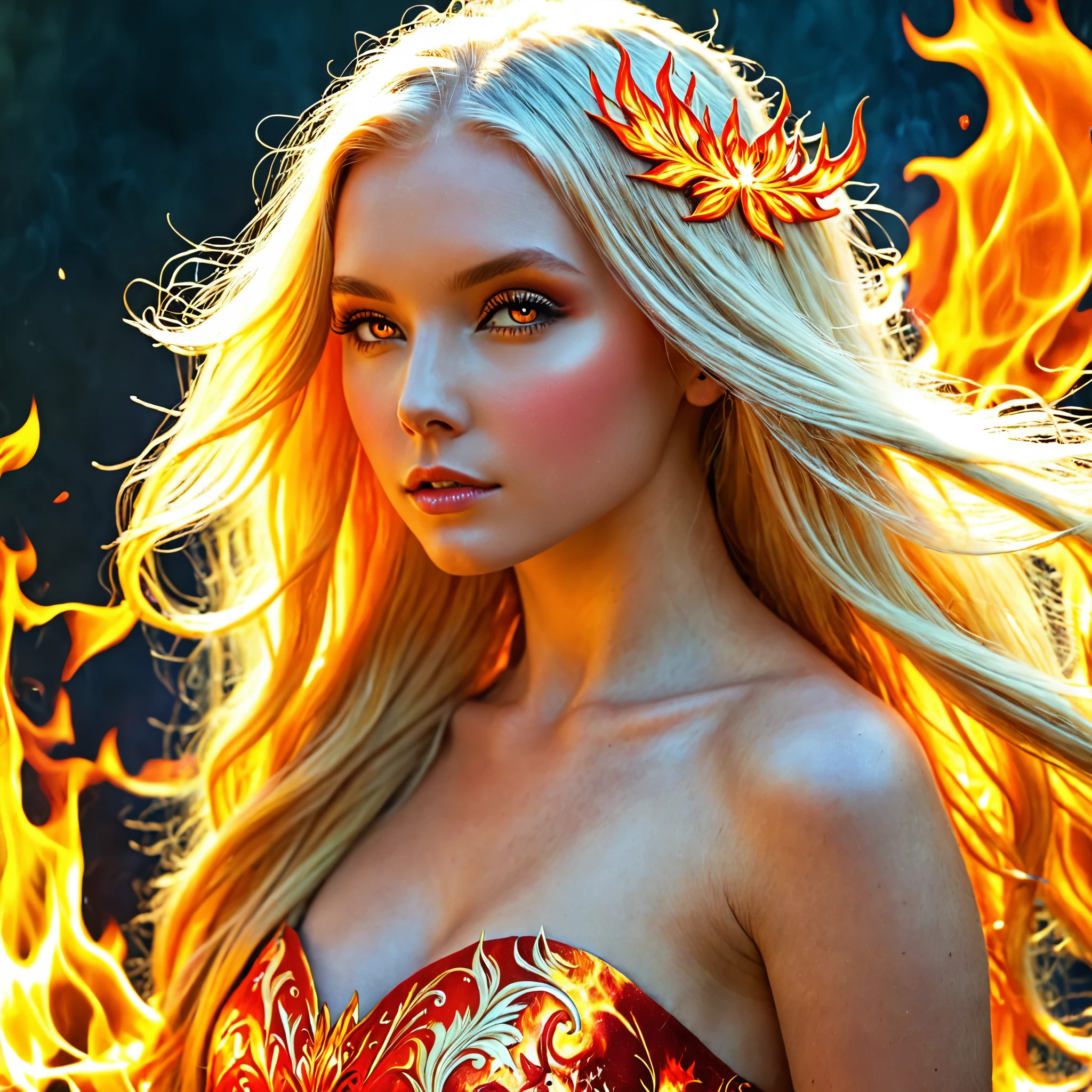 Blonde with long hair, fire fairy 