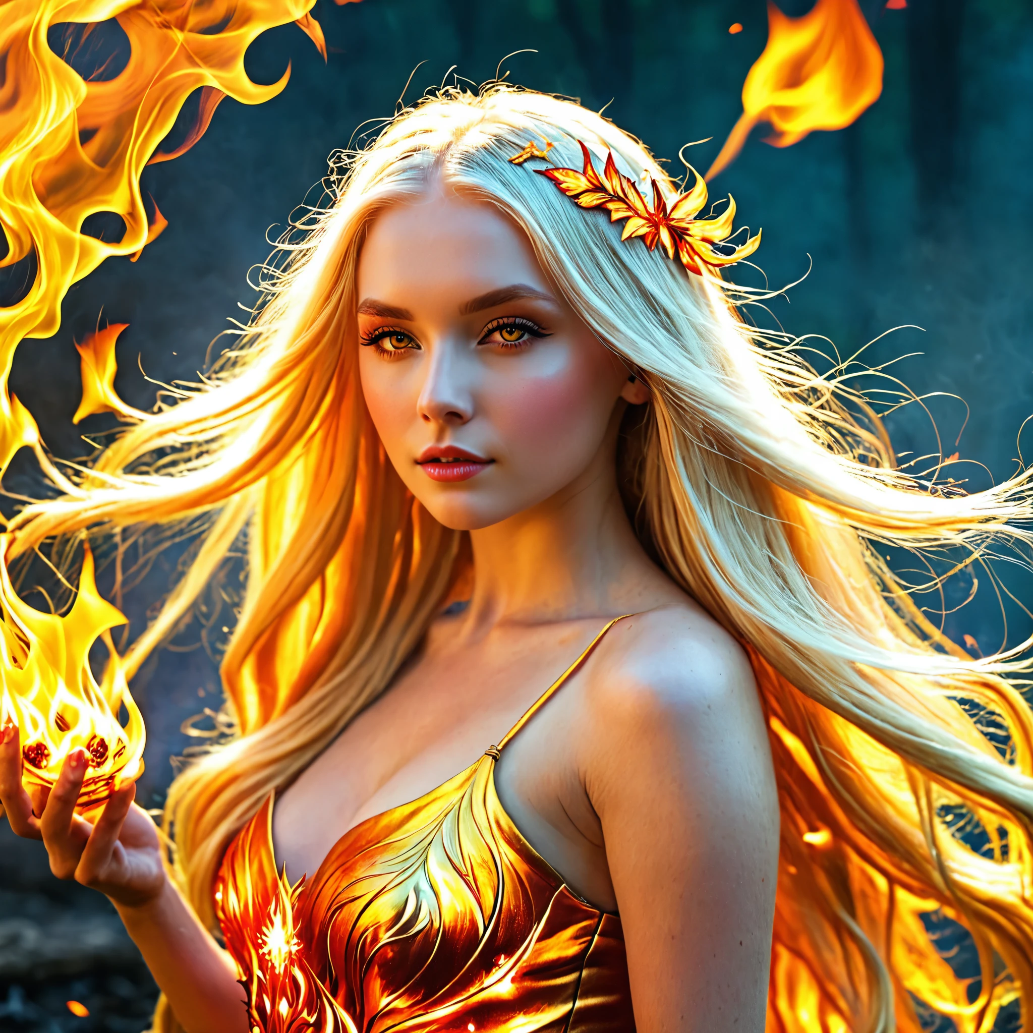 Blonde with long hair, fire fairy 