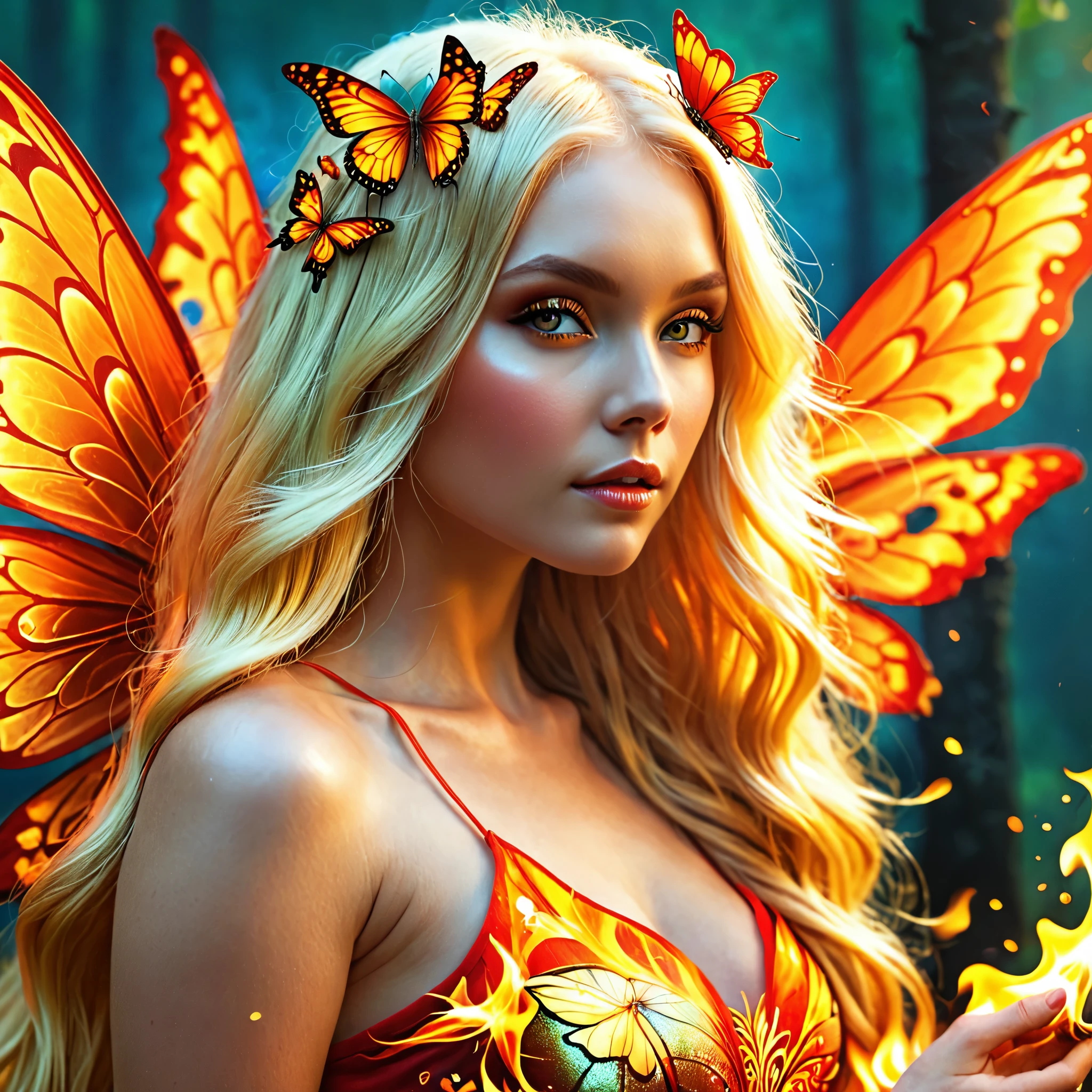 Blonde with long hair, fire fairy with butterfly wings