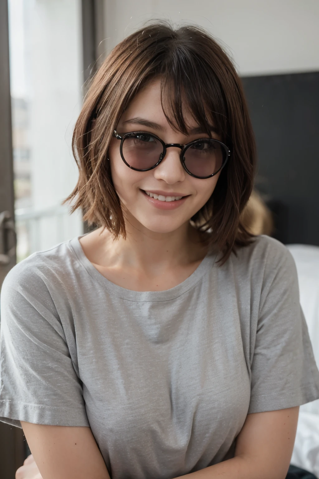 Chico con cabello blanco sonriendo con lentes y camisa gris con lineas negras estilo anime