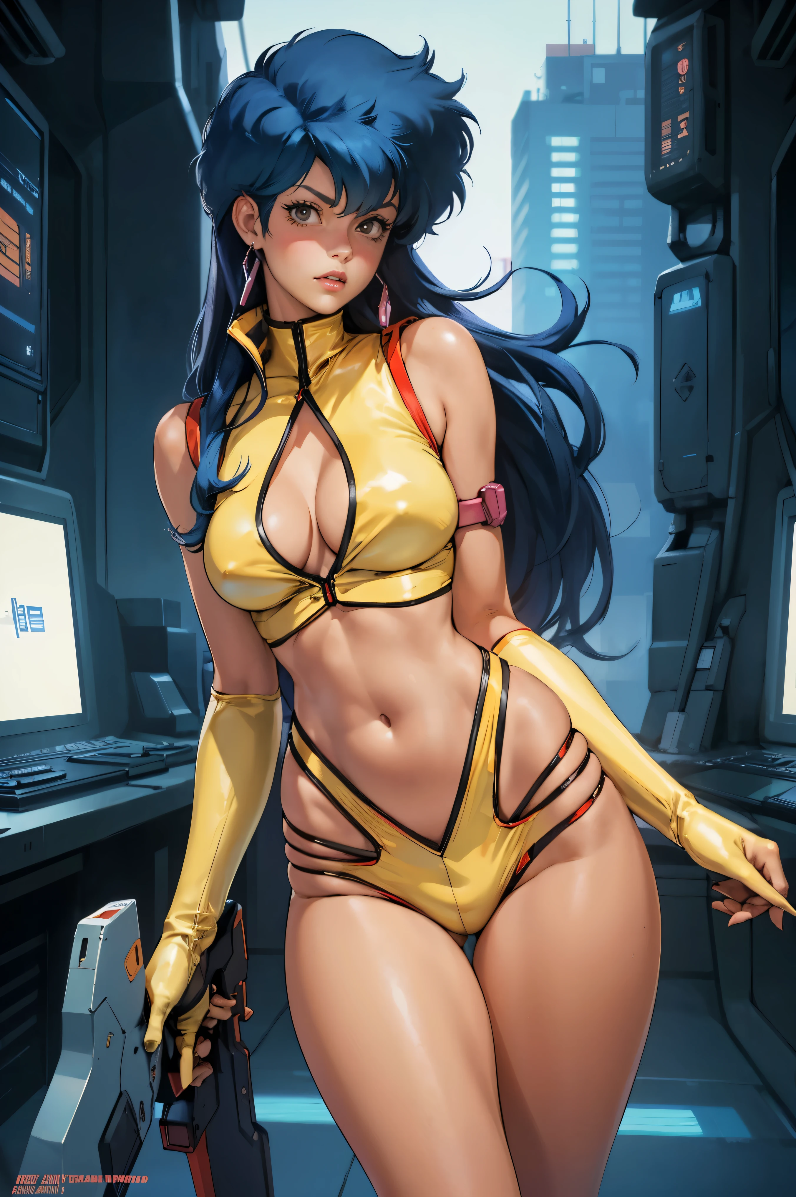 Yuri from The Dirty Pair, , wearing a tight outfit, skimpy, medium breast, (long hair), dark blue hair, beauty, cyberpunk city background, holding retro space-gun, cleavage, slim waist, slim thighs, thigh gap, (light yellow uniform), show belly