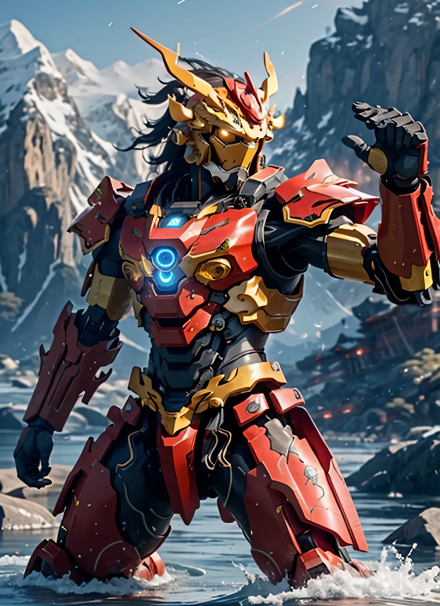 Mountains and flowing water,red and yellow,glow laser knife,fighting stance,glow,Kirin,glow red eyes,Mecha,Chinese Kirin elements,Surreal