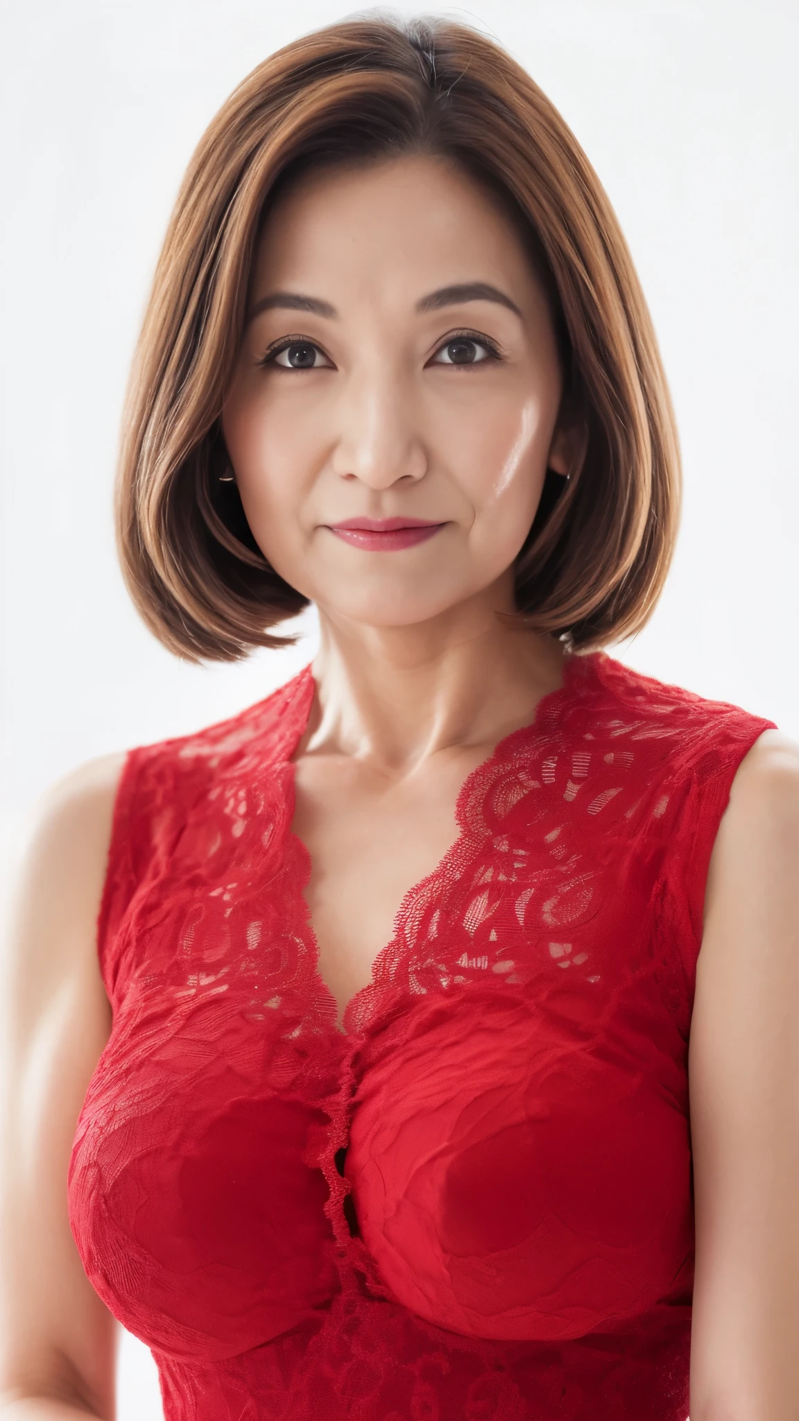 (((alone))), elderly mature woman, pure white background, gravure, facing the front, ((center your face on the screen)), describe the lips correctly,red lips, flashy makeup, from the chest up, In underwear, highest quality, Super detailed, realistic, Super detailed細なスキン, perfect anatomy, (1 Japanese mature woman), (positive), 100 years old, huge breasts, part time aunt, Glamour, Sexy, pure white skin, looking at the viewer,