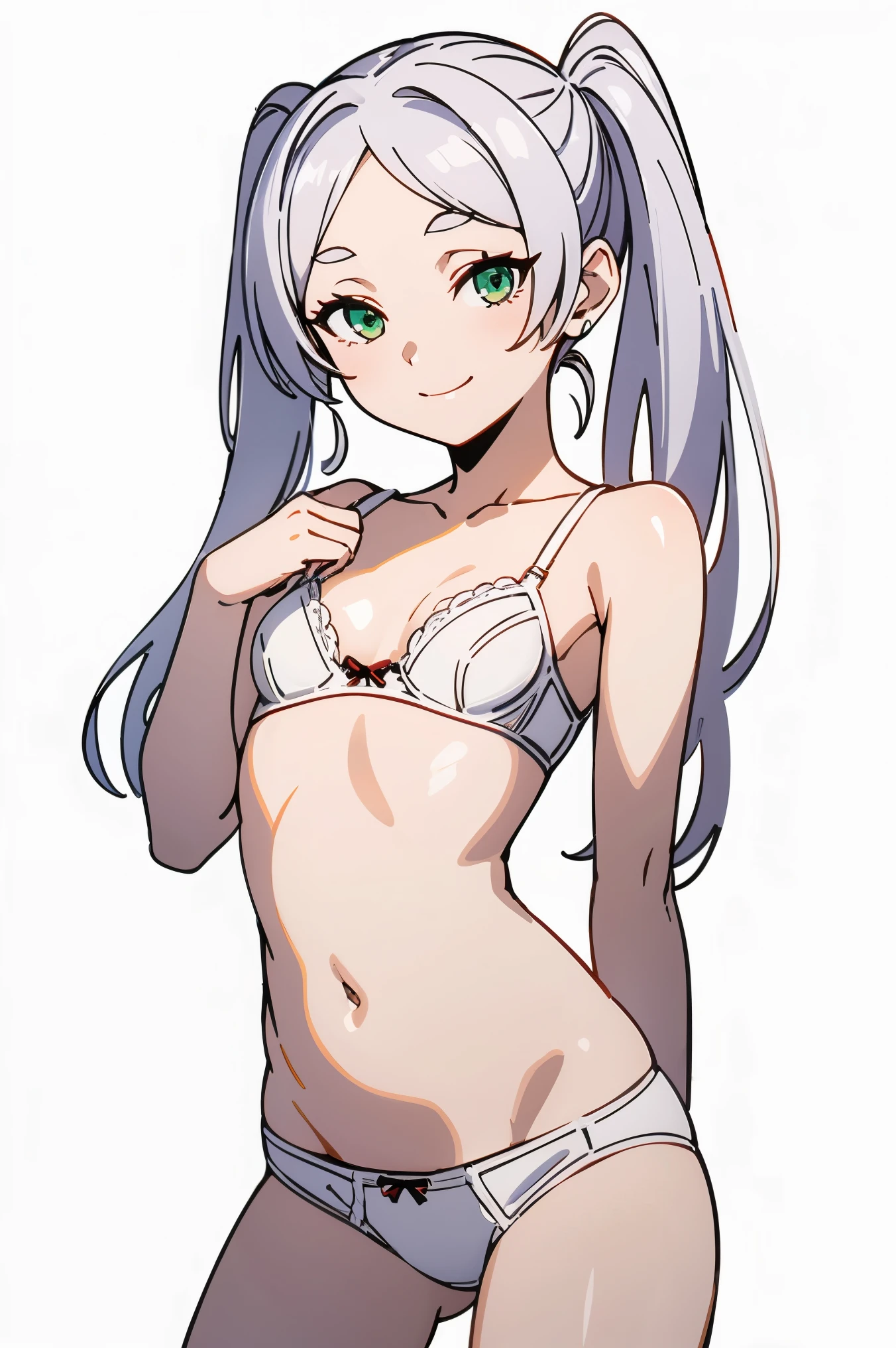 (Best Quality, Masterpiece),sexy,  erotic, 1girl, 18 years old, Contempt, pride, silver hair, 2 ponytails, ((white bra)), white panties, (((small breasts))), white background, ((cowboy shot)), ((proud smile)), looking at viewer, (green eyes)