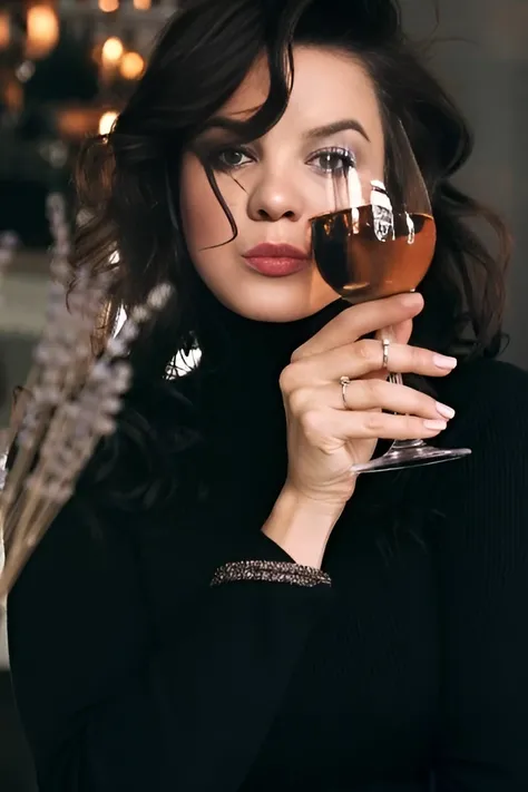Face of a brunette woman with black hair, mysterious eyes drinking wine and wearing a luxurious black hat