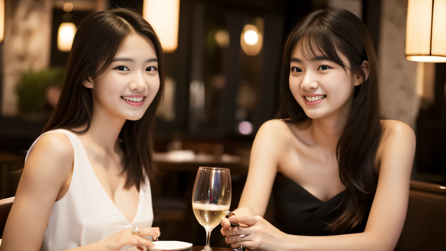masterpiece, highest quality, Photoreal, Super detailed, finely, High resolution, 8k wallpaper, Professional, Advanced level of detail, Two female college students having dinner at a restaurant, Slender Japan woman, ((facing the front)), detailed clavicle, Medium chest、perfect face, medium long hair, formal dress、gentle smile、