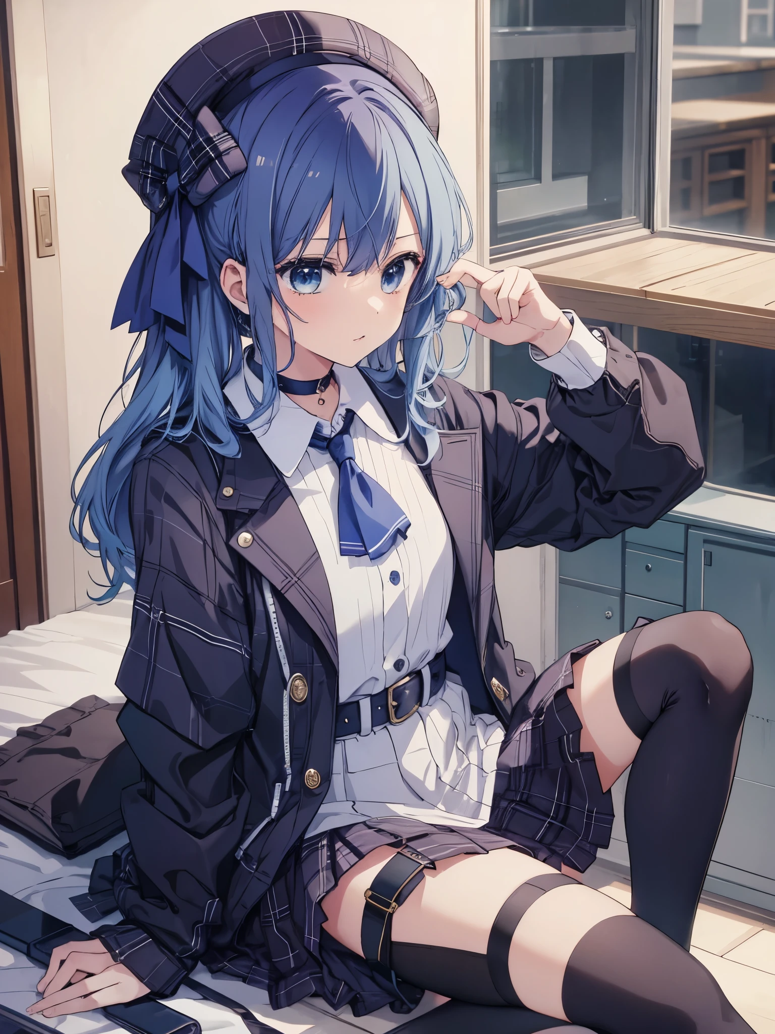 Hoshimachisuisei, Suiseihoma, blue eyes, blue hair, choker, hair between eyes, medium hair, side ponytail, スターchoker, break ascot, asymmetrical legwear, belt bag, beret, 黒いgloves, blue ascot, blue belt, 青いbow, 青いchoker, bow, button, choker, 襟付きのshirt, crown, gloves, Gray have, グレーのJacket, グレーのskirt, have, Jacket, jewelry, knee high, long sleeve, ミニskirt, mismatched legwear, partially fingerless gloves, pendant, plaid, plaid jacket, チェック柄のskirt, shirt, シングルknee high, シングルsocks, skirt, skirtセット, socks, スターchoker, star print, thigh strap, uneven legwear, 白のshirt,(((anime style)))、(((2D)))、laughter、open your mouth、8K、shining eyes