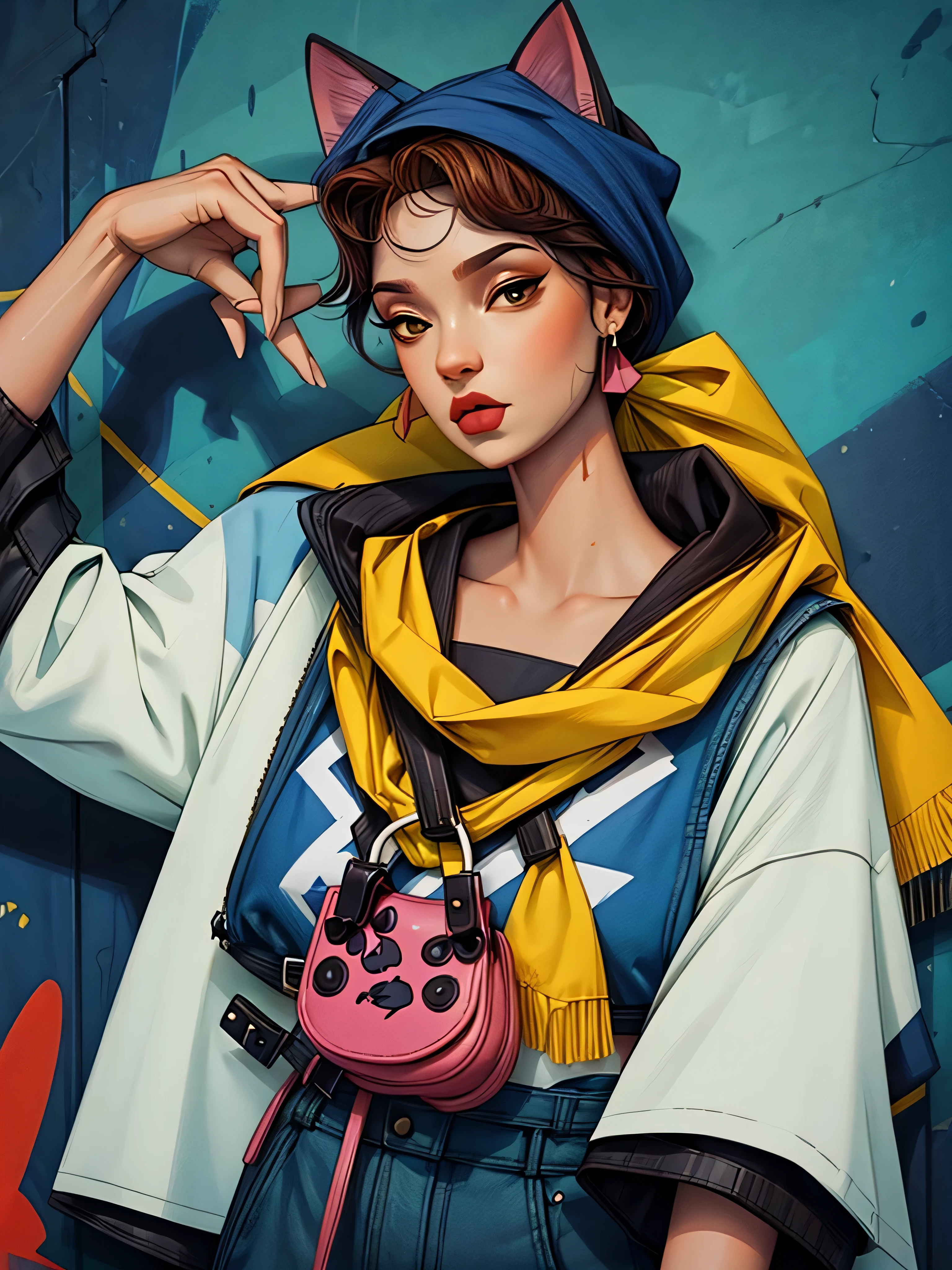 Mural, wall painting, graffiti on a wall. Graffiti mural with Brazilian women with gangster look with bandanas. Happy palette of colours. The cat is in the bag A girl is on the street looking at the mural. Scene illuminated by natural light. Realistic raytraicing