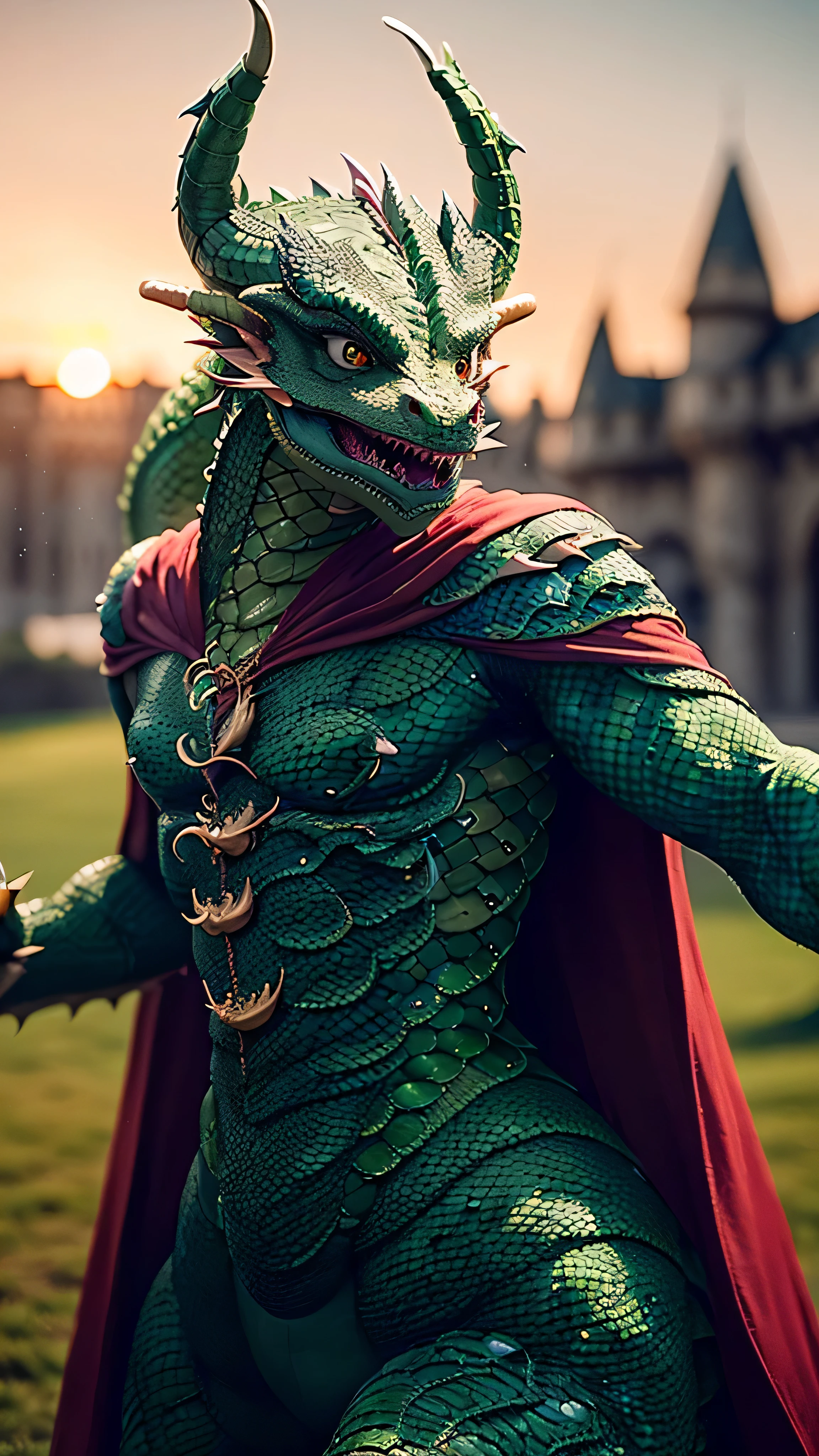 (masterpiece), (extremely intricate:1.3), (realistic), portrait (((anthropomorphic ((GREEN DRAGON))))), dynamic pose, sharp focus, dramatic, award winning, cinematic lighting, volumetrics dtx, (film grain, blurry background, blurry foreground, bokeh, depth of field, sunset, interaction, castle in the distance (iridescent red cape))
