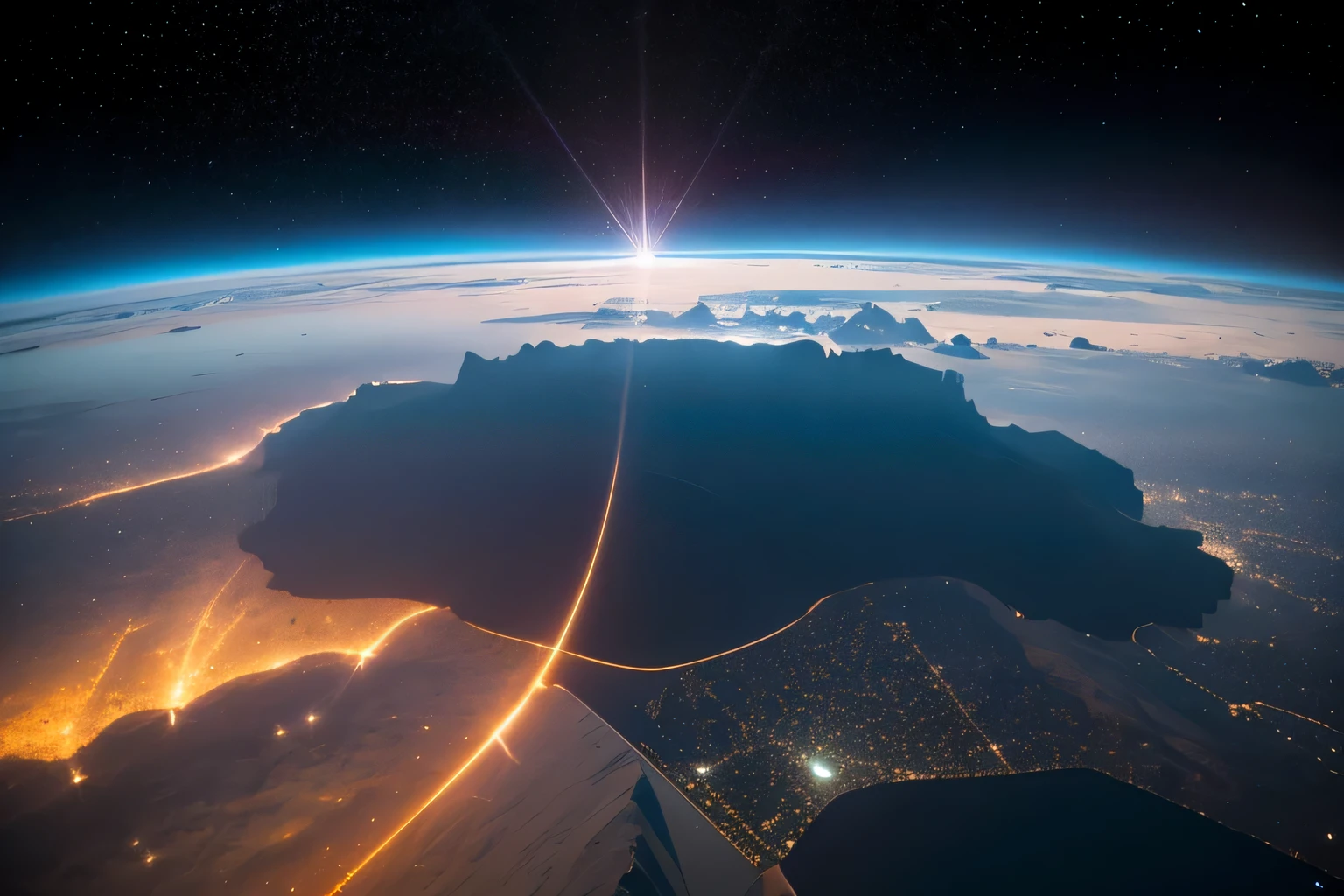 (Alien scenes)，(((large alien building)))，Looking out from the space station, The landscape will be breathtaking. The station would be located in the midst of an endless expanse of dark, A space where stars gather, A distant planet is visible on the horizon. This planet will become majestic, Multicolored spheres, cloudy，Mountains and sea embellishment. Around the station, A series of activities will also be held, As spacecraft come and go, shipping supplies, equipment, and personnel. Some boats will be sleek and streamlined, While others are bulky and utilitarian, designed for heavy lifting and long-haul transport. The space station itself will be an engineering marvel, Sparkling metal and glass centerpieces，stretching into space like a giant web. The modules that make up the station will be connected via slim connectors, curvy arms, Each station is equipped with a communication antenna, Solar panels, and instruments. as the space station orbits the planet, The landscape below will change, Reveal new landscapes and hidden wonders. There might be massive craters, towering volcanoes, or deep canyons that stretch for miles... Earth&#39;The color of s changes as the sun rises and sets, Cast long shadows on the landscape，Illuminate hidden valleys and mountain peaks. Despite the vastness of the space，A grand landscape, the space station would be a beacon of life and activity, It is a testament to humankind’s ingenuity and determination to explore and conquer the unknown.. (((masterpiece))), ((best quality)), actual, 8K, super detailed, actual, landscape, concept art, Highly detailed RAW color photos, side angle, (lens flare:0.7), particle effect, Ray tracing, movie lighting, Shallow depth of field, Shot with Sony Alpha 1, 50mm wide angle lens, sharp focus, movie stills, dynamic poses., 1 planet,