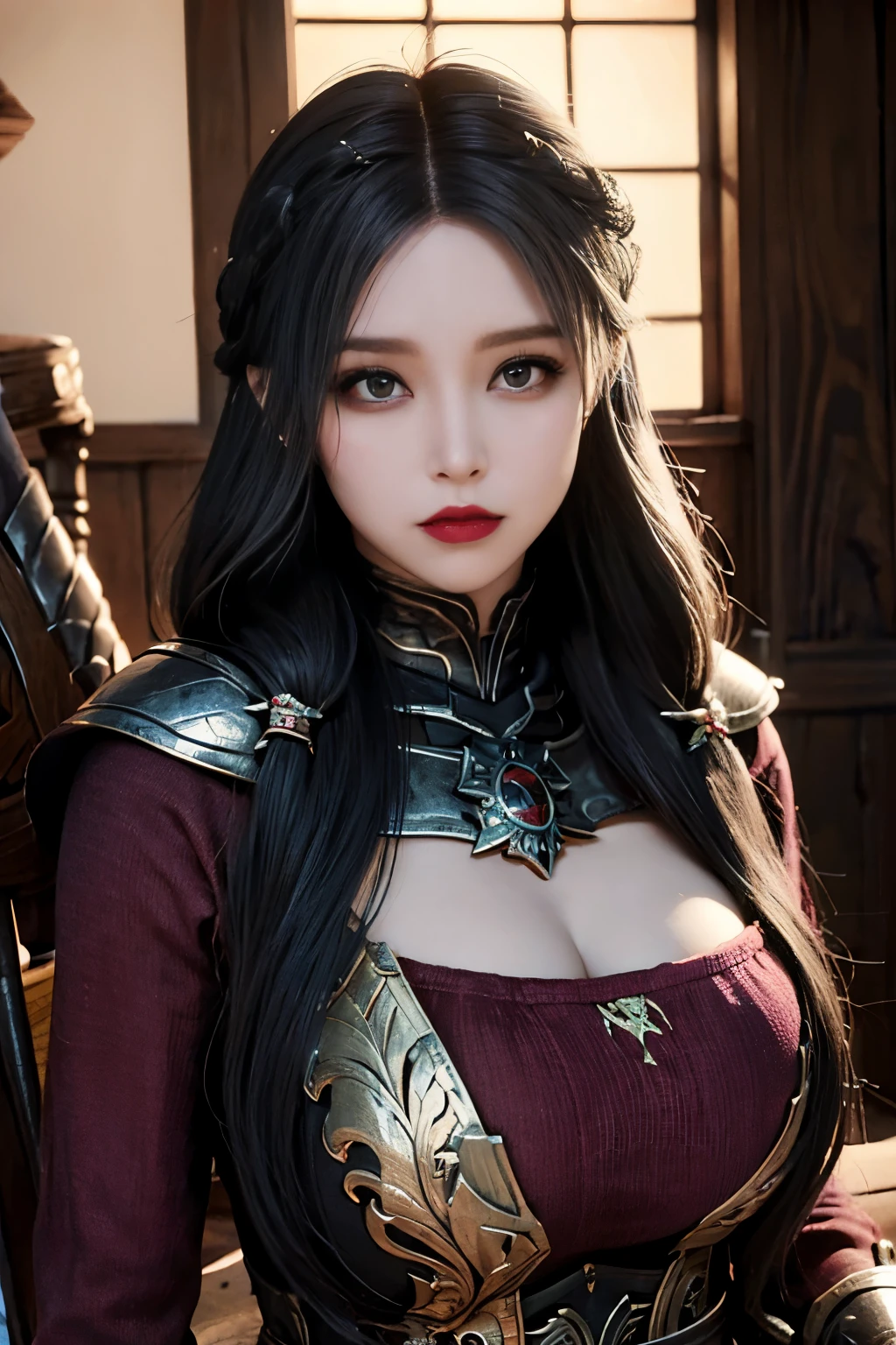  hermosa mujer serena, dama vampiresa Ojos ((ROJOS)) y cara extremadamente detallados,hermosos ojos ultra 4k detallados,con armadura roja, Cattie - Brie de Mithril Hall, Wearing sexy daedric armor, Mujer noble ,  textura muy detallada con pechos muy grandes y cola grande muslos hechizantes ((cuerpo completo)) y cola grande Skyrim, armadura de color negro y rojizo, mujer hipnotizadora seductora, personaje principal fe******,  mujer, cielo sexy