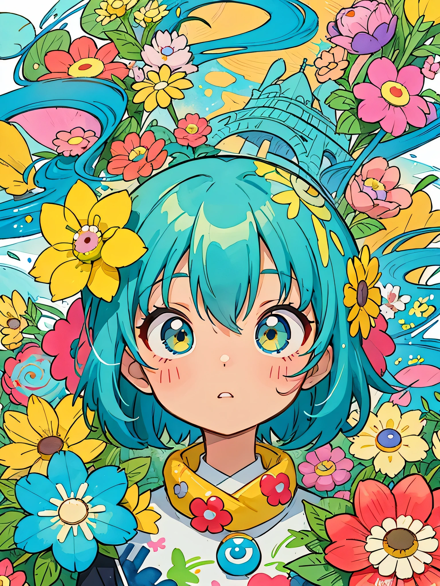 akira toriyama style、8K quality, Takashi murakami'illustration of, intense watercolor, watercolor detailed art, watercolor splash, surreal, avant-garde pop art, Beautiful and expressive paintings, beautiful artwork illustration of, very colorful tones, wonderful, cool beauty, highest quality,official art, vector art,stylish design, ((most beautiful girl ever))), (((highest quality))), HDR, ((Detailed details)), (((graffiti art))), ((masterpiece))、((Super detailed))、(((colorful flowers)))、(((Paris cityscape)))