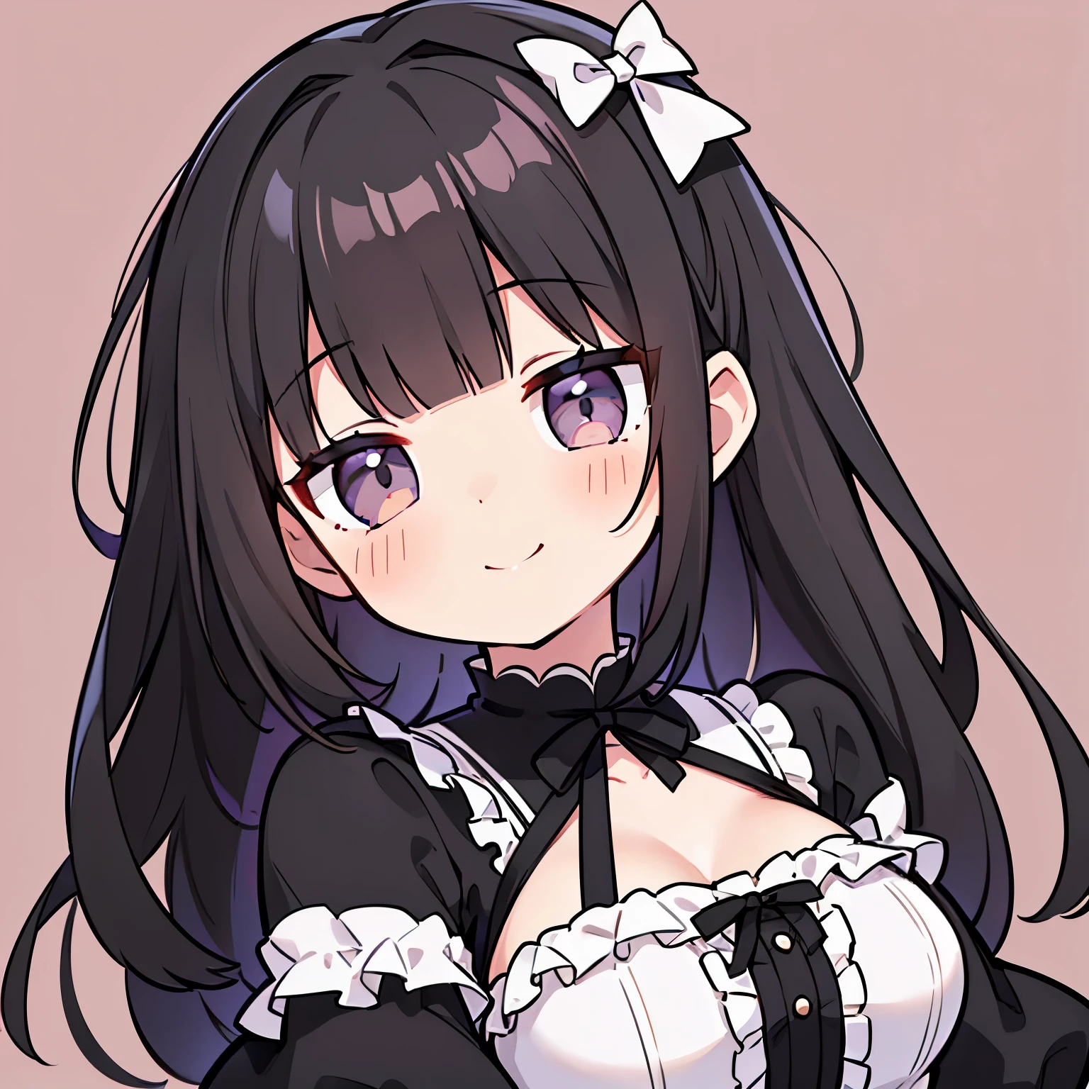 Pueros face_V1:0.24, highest quality, realistic, 8K, High resolution, 1 girl, woman, (skin dents), (portrait), ((simple background:1.62)), full color, ((big round breasts,ta,frills,race,Ribbon)), look straight at the viewer:1.8, (1 girl eyes looking at viewer:1.55), (medium length hair, black hair, straight bangs:1.45), (Bokeh),looking at the viewer,smile