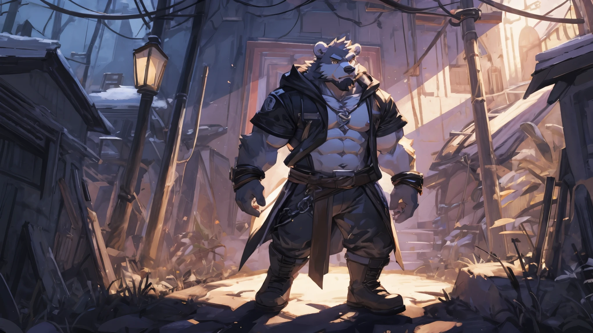 (masterpiece:1.2), best quality,pixiv,official art,perfect anatomy, (Ray tracing, light),solo, (1_male:1.3) , (muscle), (gray fur:1.4), (muscle bear), (beard:1.2), (gleaming golden eyes), Thick eyebrows, (naked:1.3) , weald, ruins , plants , open hoodie, naked inside, cargo shorts, boots