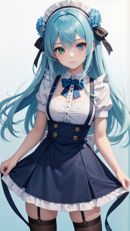 1girl, (masterpiece), best quality, expressive eyes, perfect face, anime girl with cyan hair and dark blue flowers in her hair, anime girl wearing a blue dress, dark flowers, cyan flowers, cyan and blue clothes, cyan and blue, cyan and blue color palate, maiden anime girl, school girl in maid dress, girl dressed in blue, blue flower, cyan and blue color scheme, ((blue)), dark blue, (cyan and blue eye heterochromia)+, blue thighhighs, small breast, rc, maid apron, bow